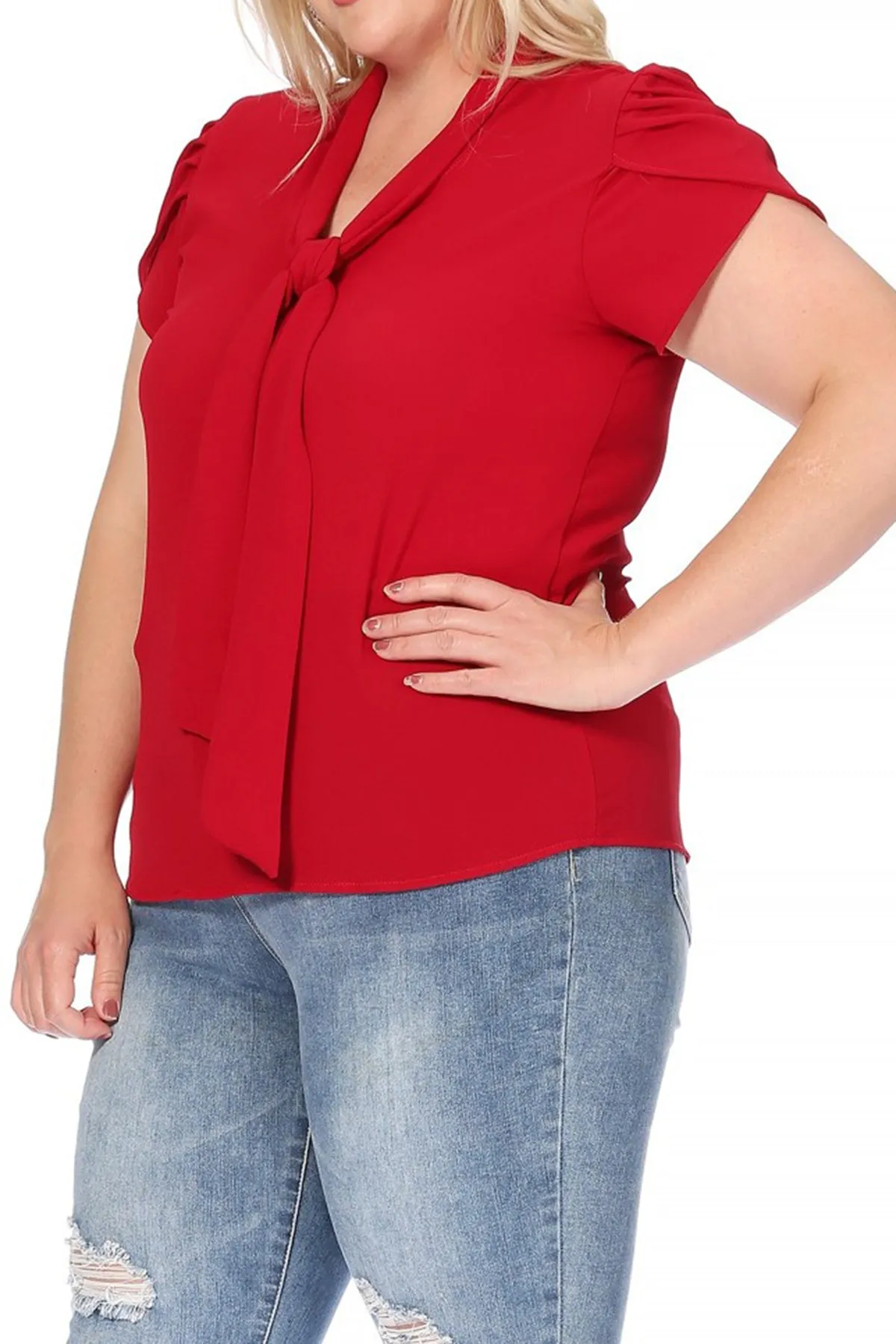 Plus Size Casual Solid Petal Sleeve Bow Tie Neck B2040 $11Each