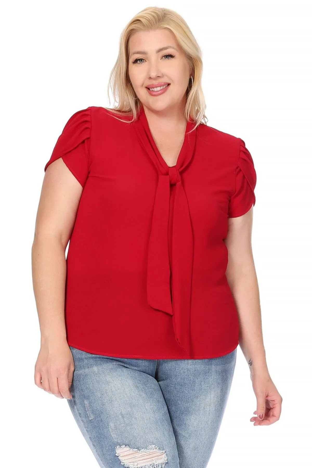 Plus Size Casual Solid Petal Sleeve Bow Tie Neck B2040 $11Each