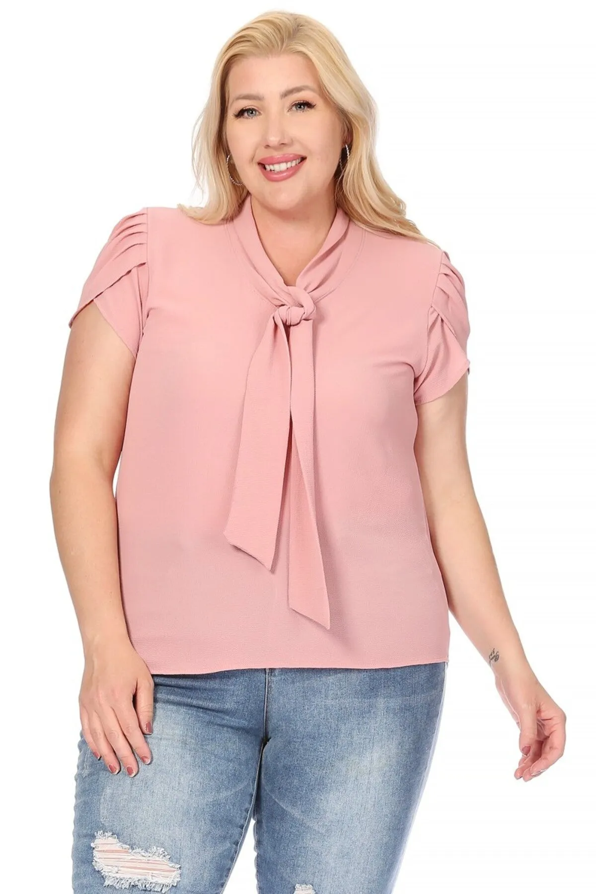 Plus Size Casual Solid Petal Sleeve Bow Tie Neck B2040 $11Each