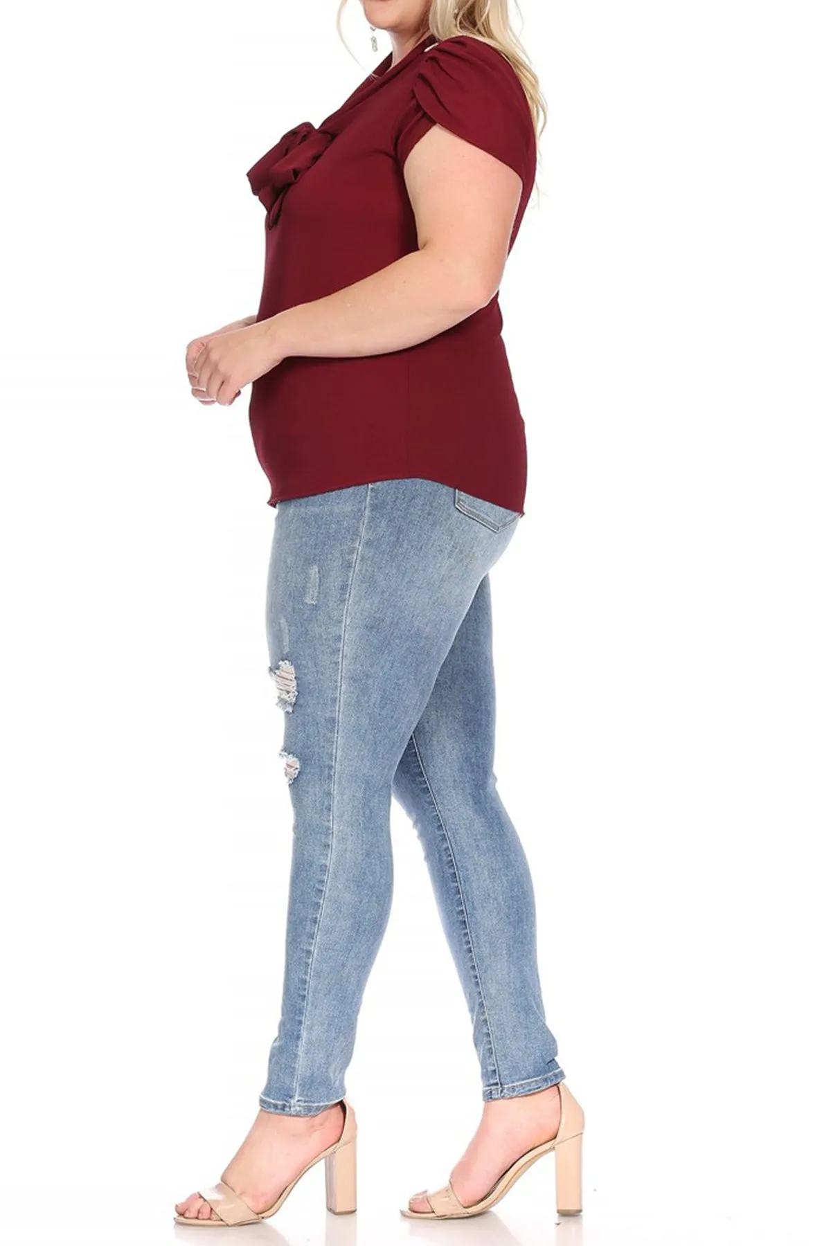 Plus Size Casual Solid Petal Sleeve Bow Tie Neck B2040 $11Each