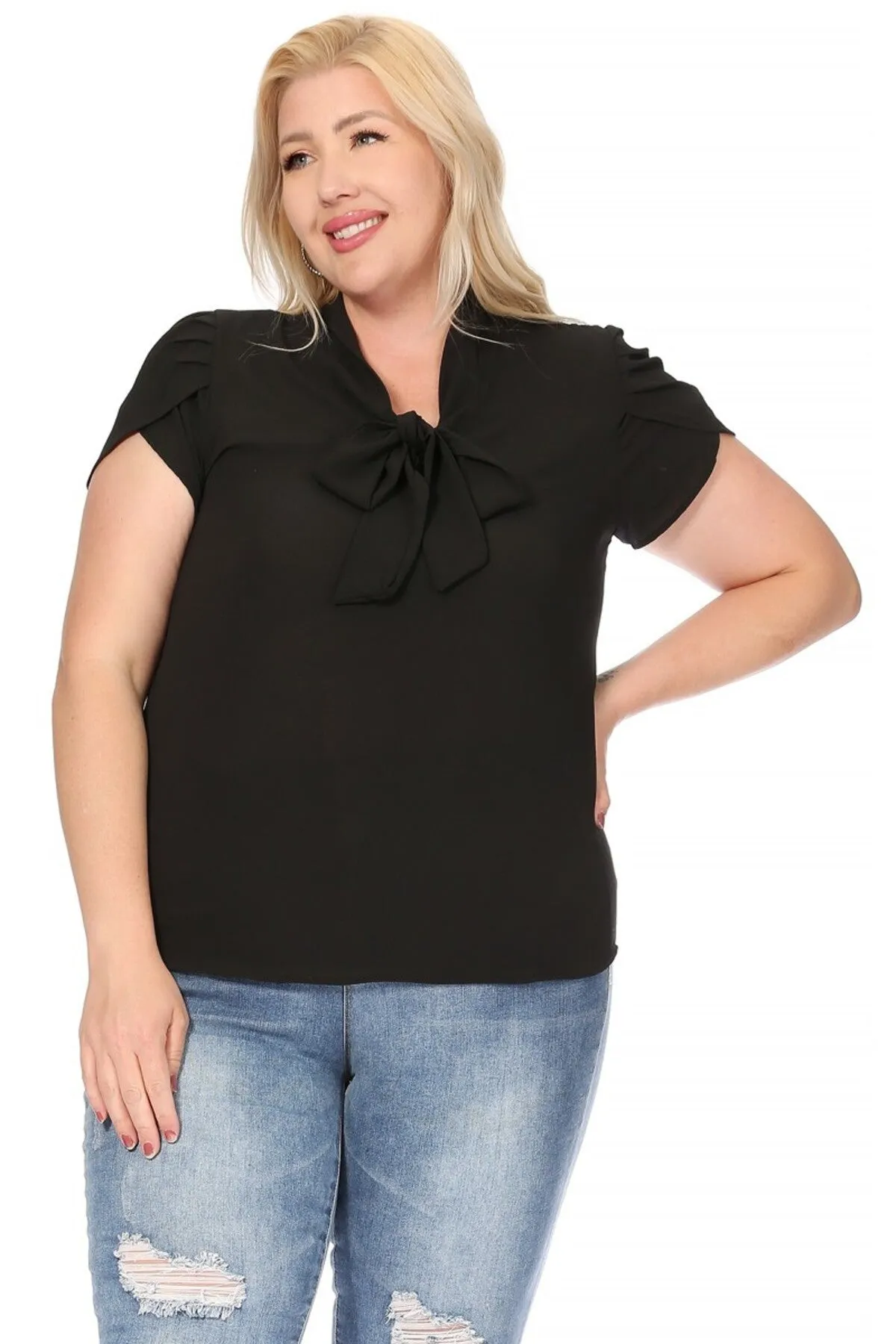 Plus Size Casual Solid Petal Sleeve Bow Tie Neck B2040 $11Each