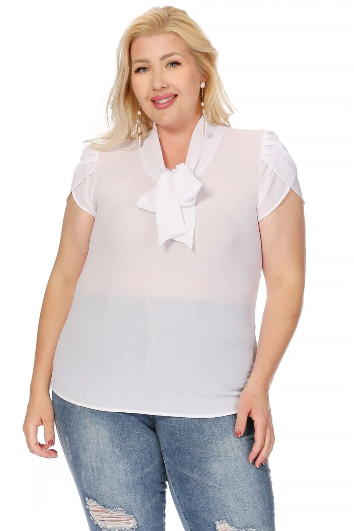 Plus Size Casual Solid Petal Sleeve Bow Tie Neck B2040 $11Each
