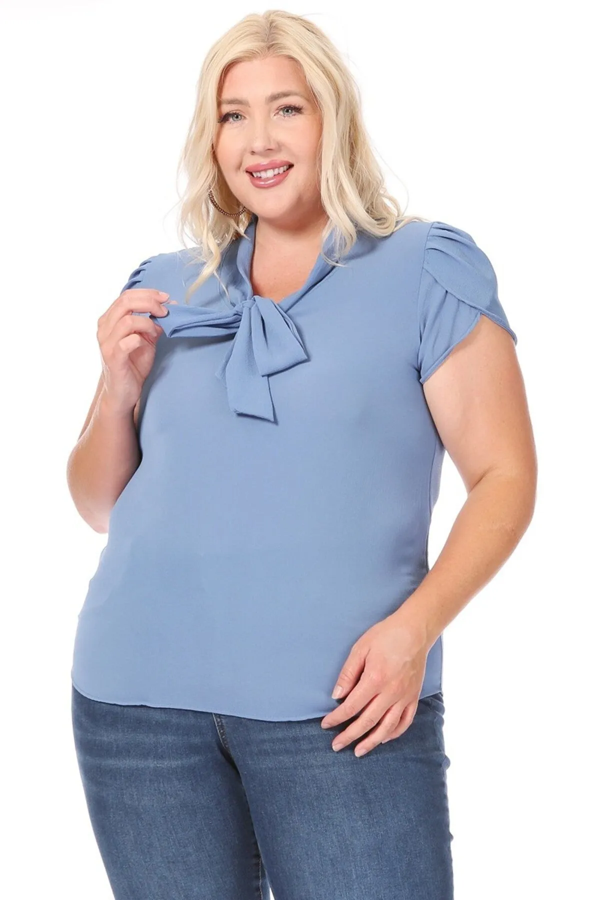 Plus Size Casual Solid Petal Sleeve Bow Tie Neck B2040 $11Each