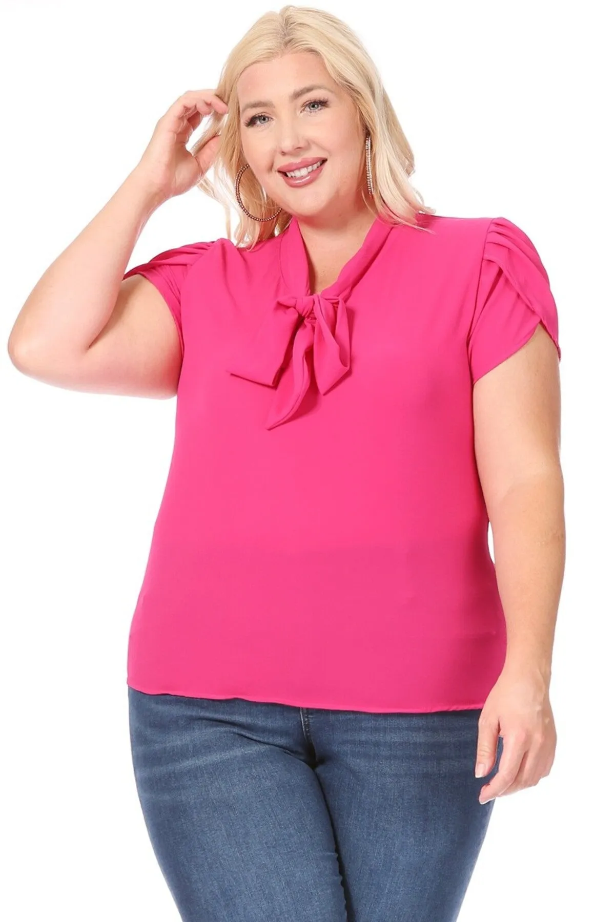 Plus Size Casual Solid Petal Sleeve Bow Tie Neck B2040 $11Each