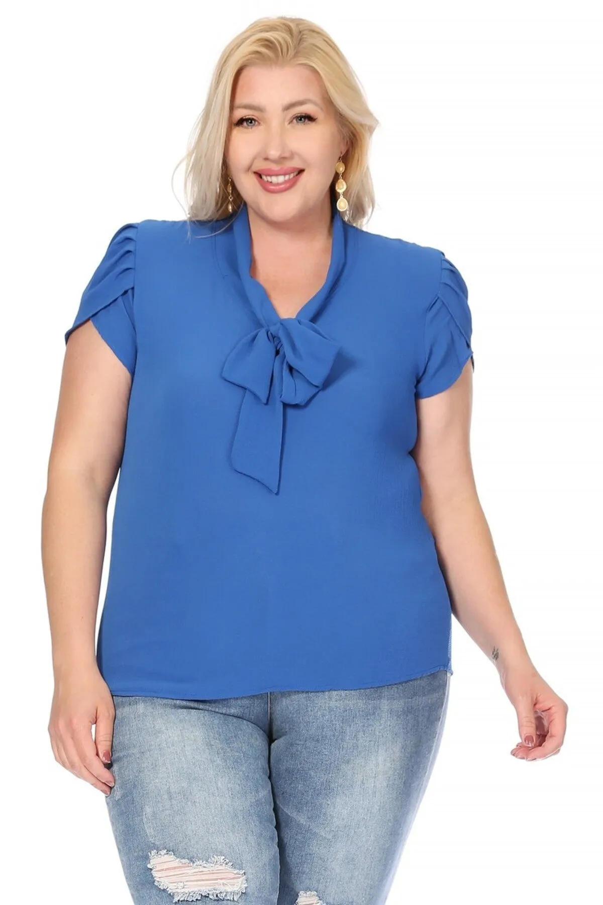 Plus Size Casual Solid Petal Sleeve Bow Tie Neck B2040 $11Each