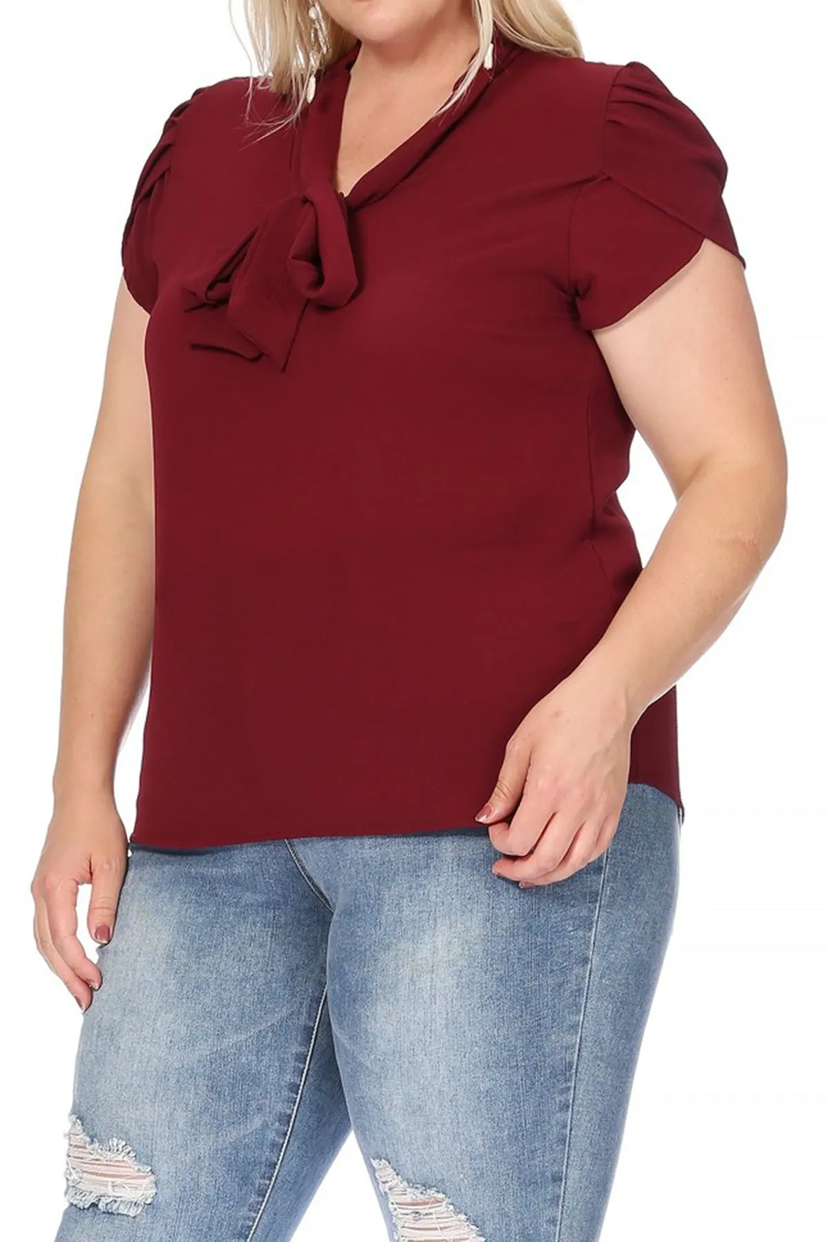 Plus Size Casual Solid Petal Sleeve Bow Tie Neck B2040 $11Each