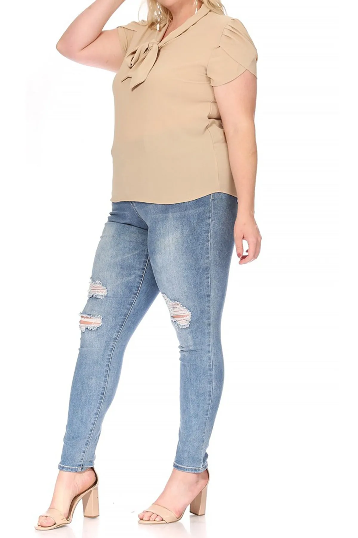 Plus Size Casual Solid Petal Sleeve Bow Tie Neck B2040 $11Each