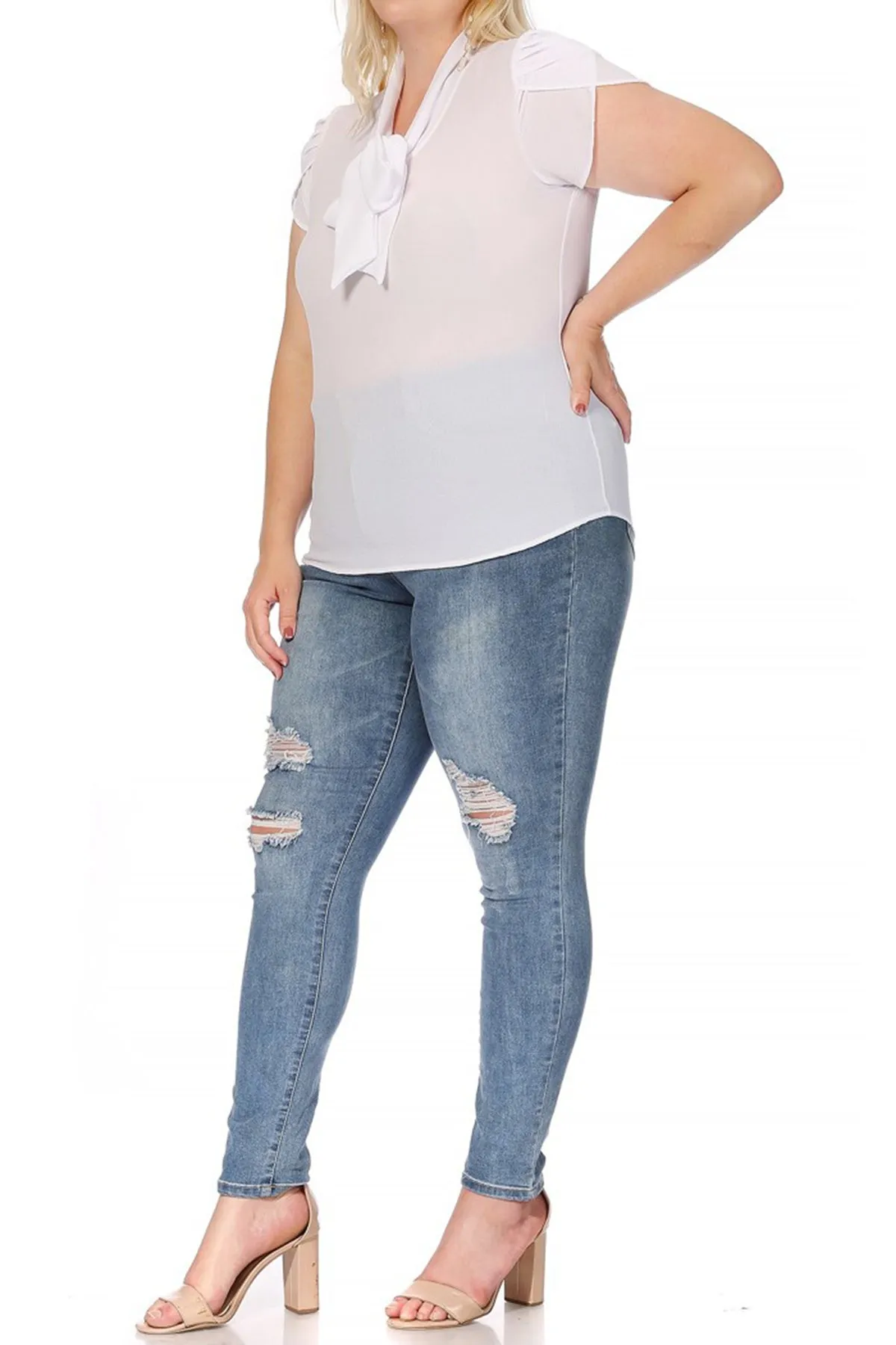 Plus Size Casual Solid Petal Sleeve Bow Tie Neck B2040 $11Each