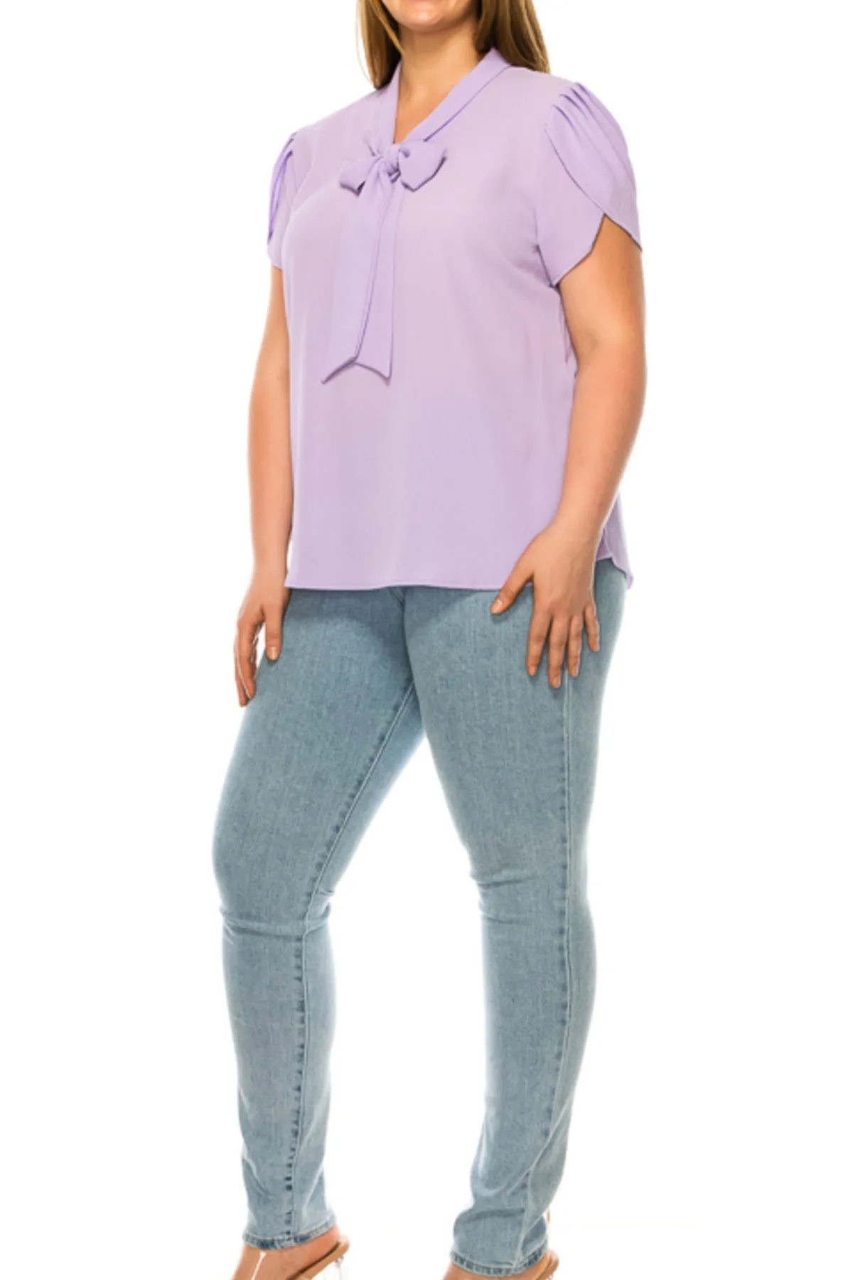 Plus Size Casual Solid Petal Sleeve Bow Tie Neck B2040 $11Each