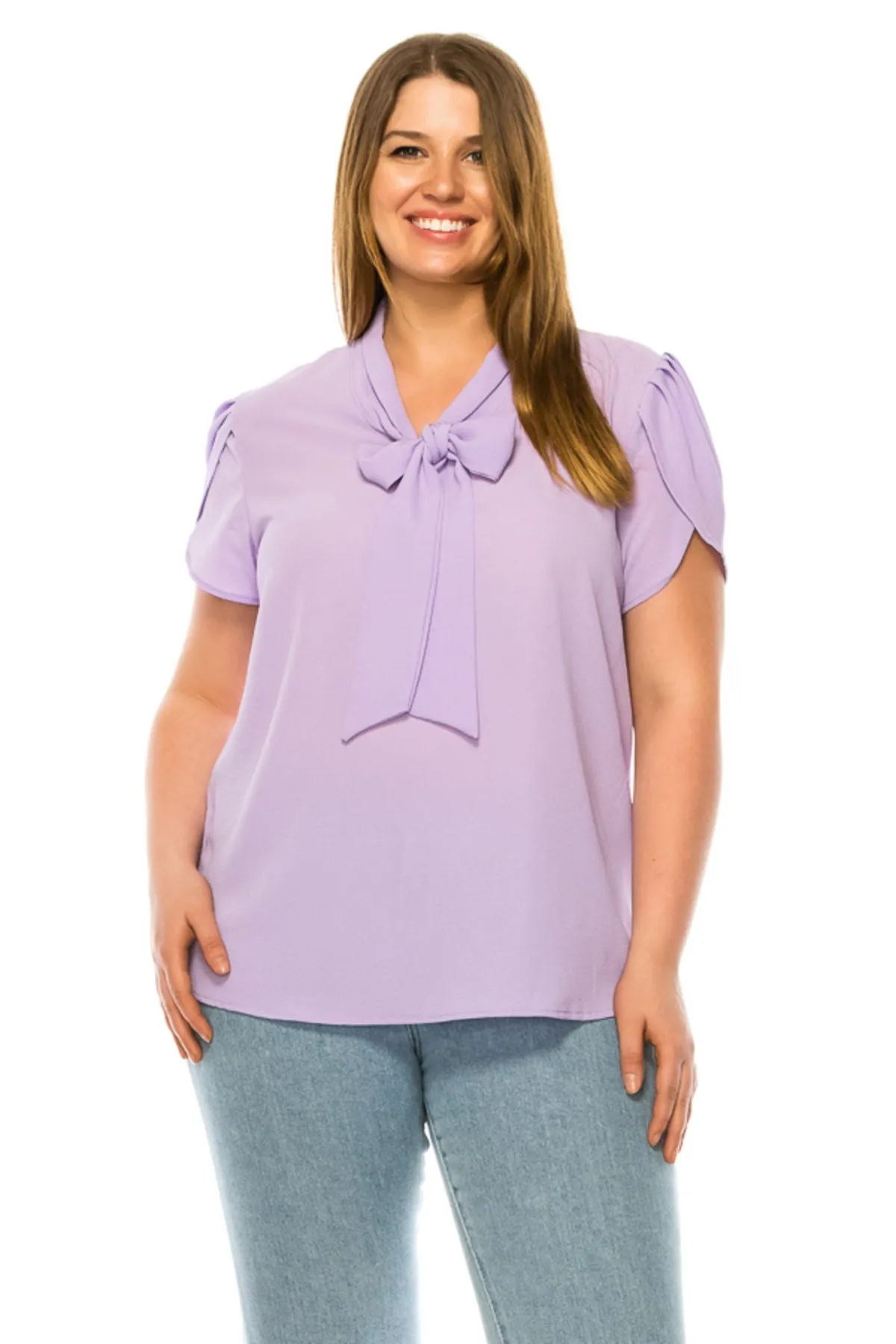 Plus Size Casual Solid Petal Sleeve Bow Tie Neck B2040 $11Each