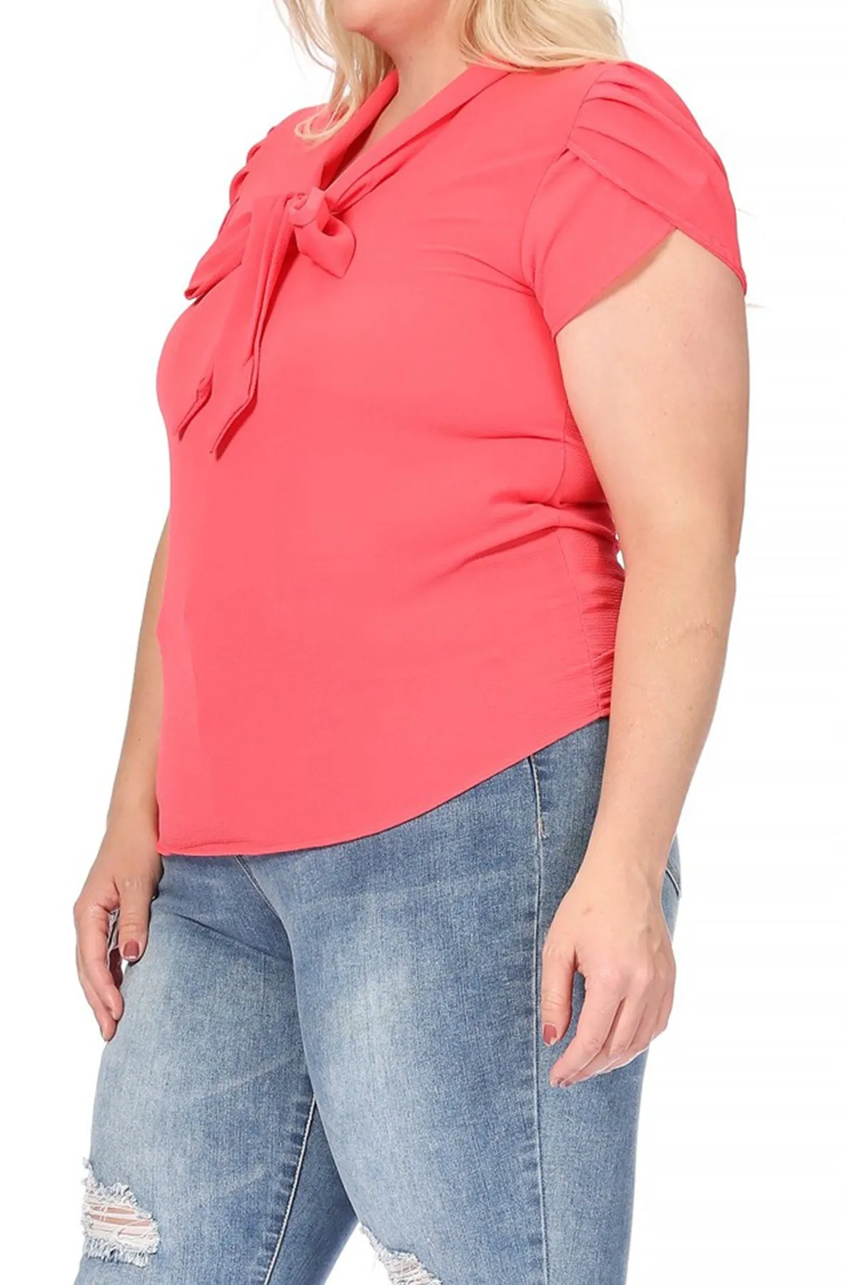 Plus Size Casual Solid Petal Sleeve Bow Tie Neck B2040 $11Each
