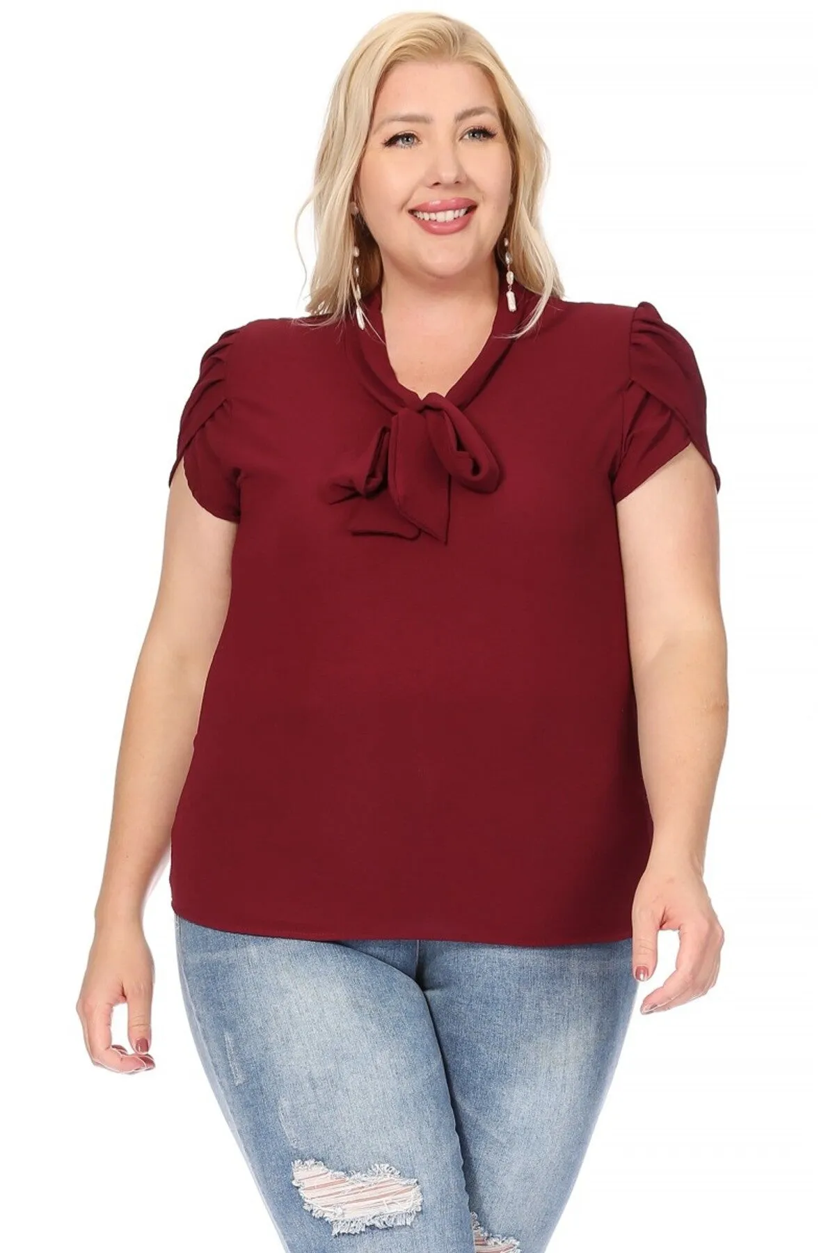Plus Size Casual Solid Petal Sleeve Bow Tie Neck B2040 $11Each