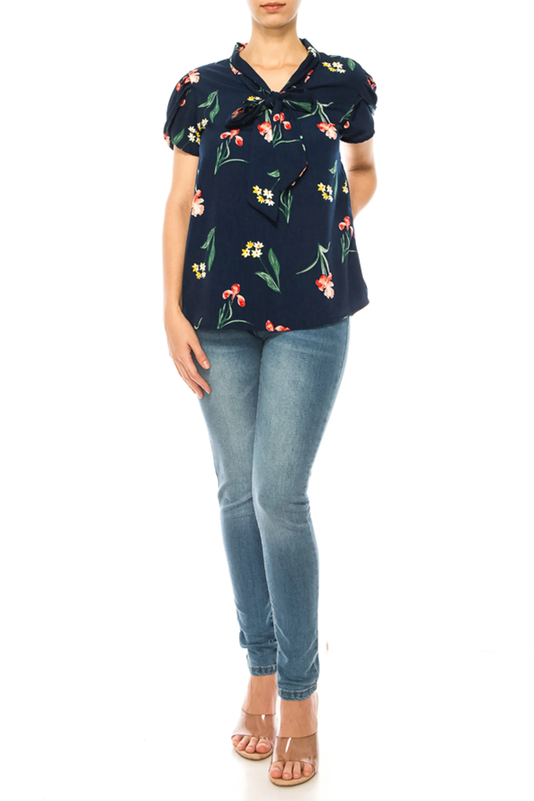 Plus size Floral Print Overlapping Short Sleeve Top with Front Tie Collar B2040 $12Each