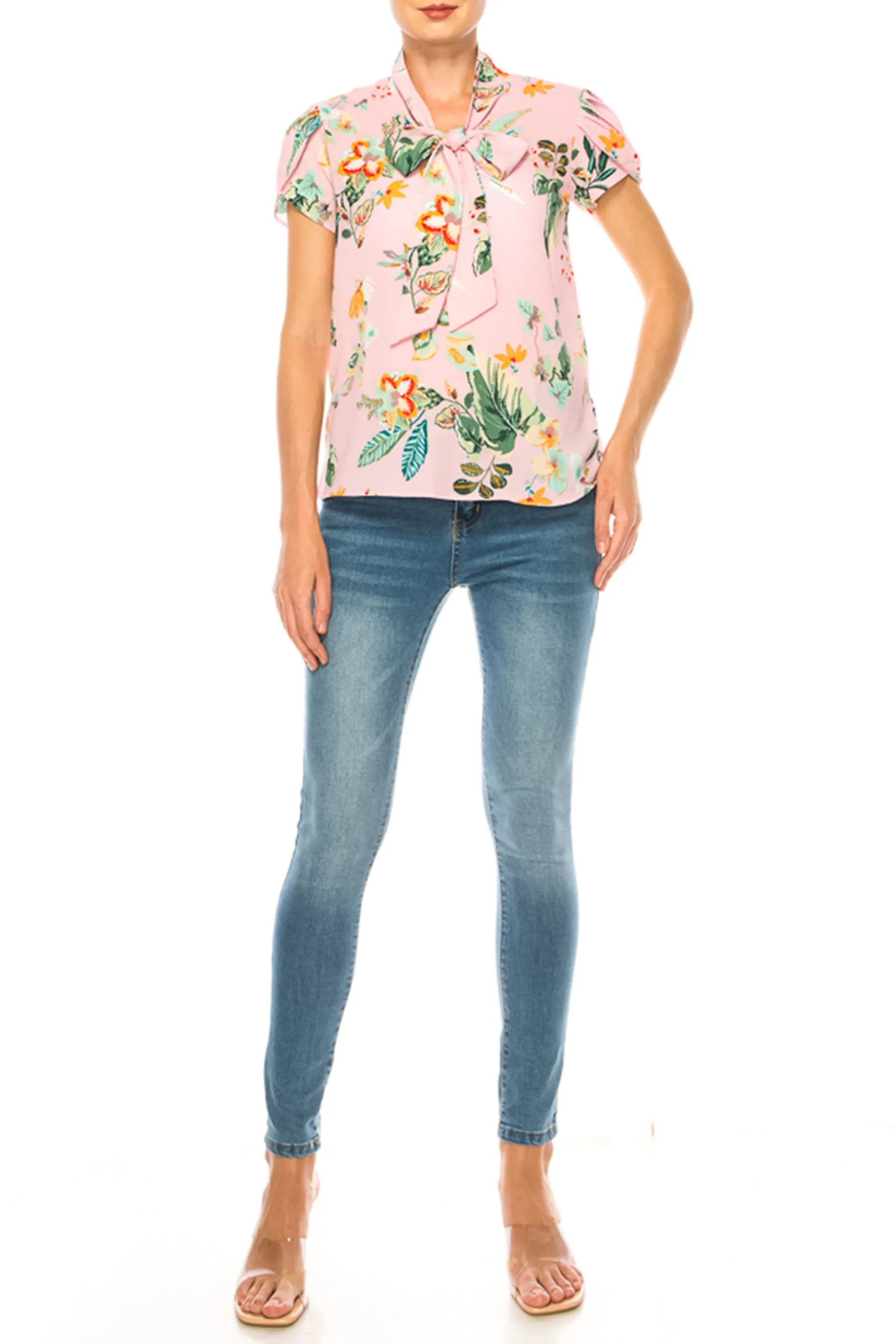 Plus size Floral Print Overlapping Short Sleeve Top with Front Tie Collar B2040 $12Each