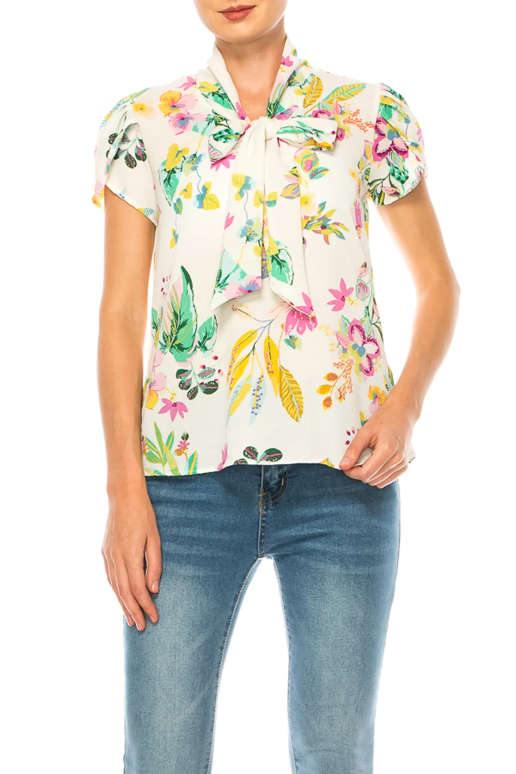 Plus size Floral Print Overlapping Short Sleeve Top with Front Tie Collar B2040 $12Each