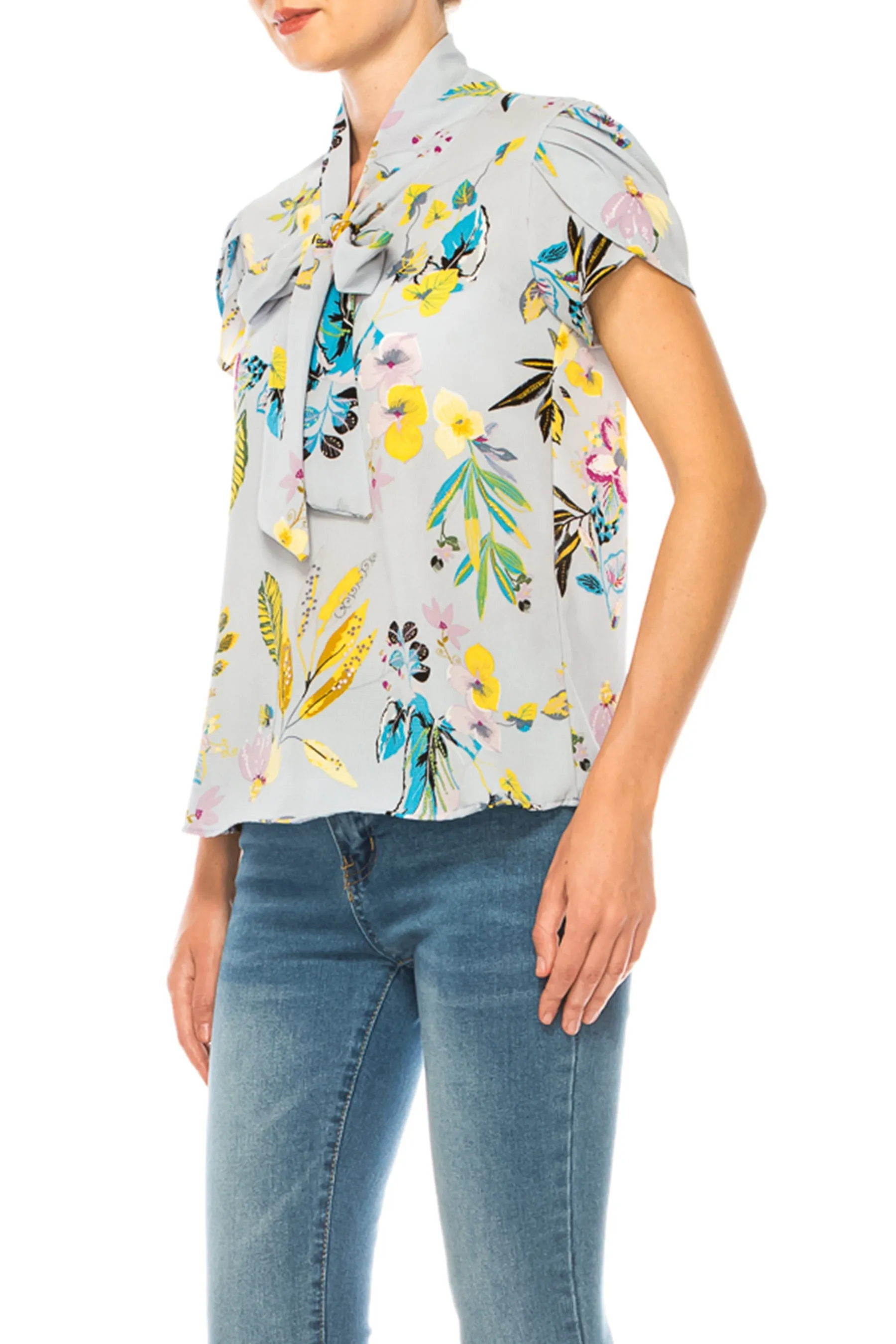 Plus size Floral Print Overlapping Short Sleeve Top with Front Tie Collar B2040 $12Each