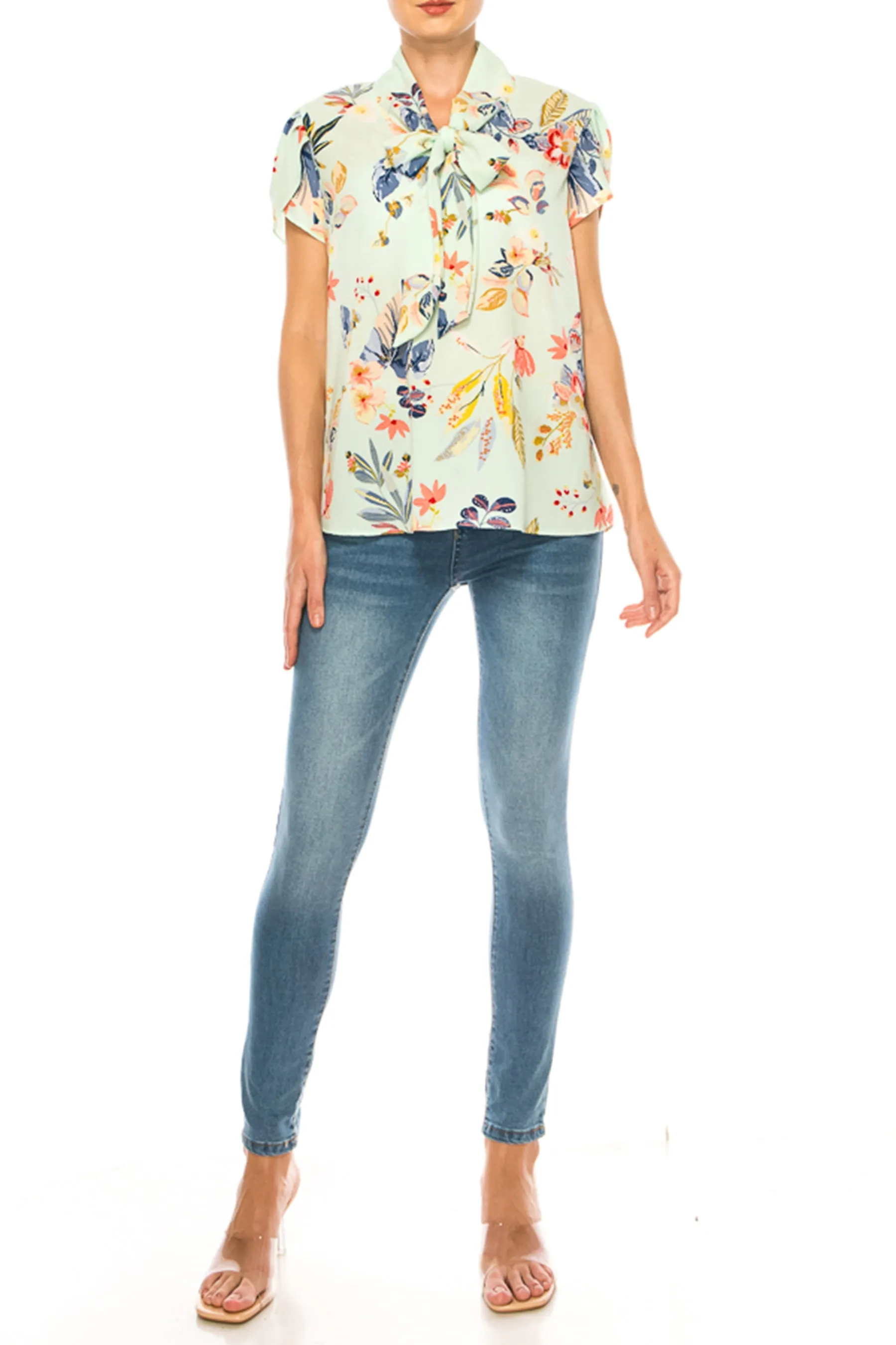 Plus size Floral Print Overlapping Short Sleeve Top with Front Tie Collar B2040 $12Each