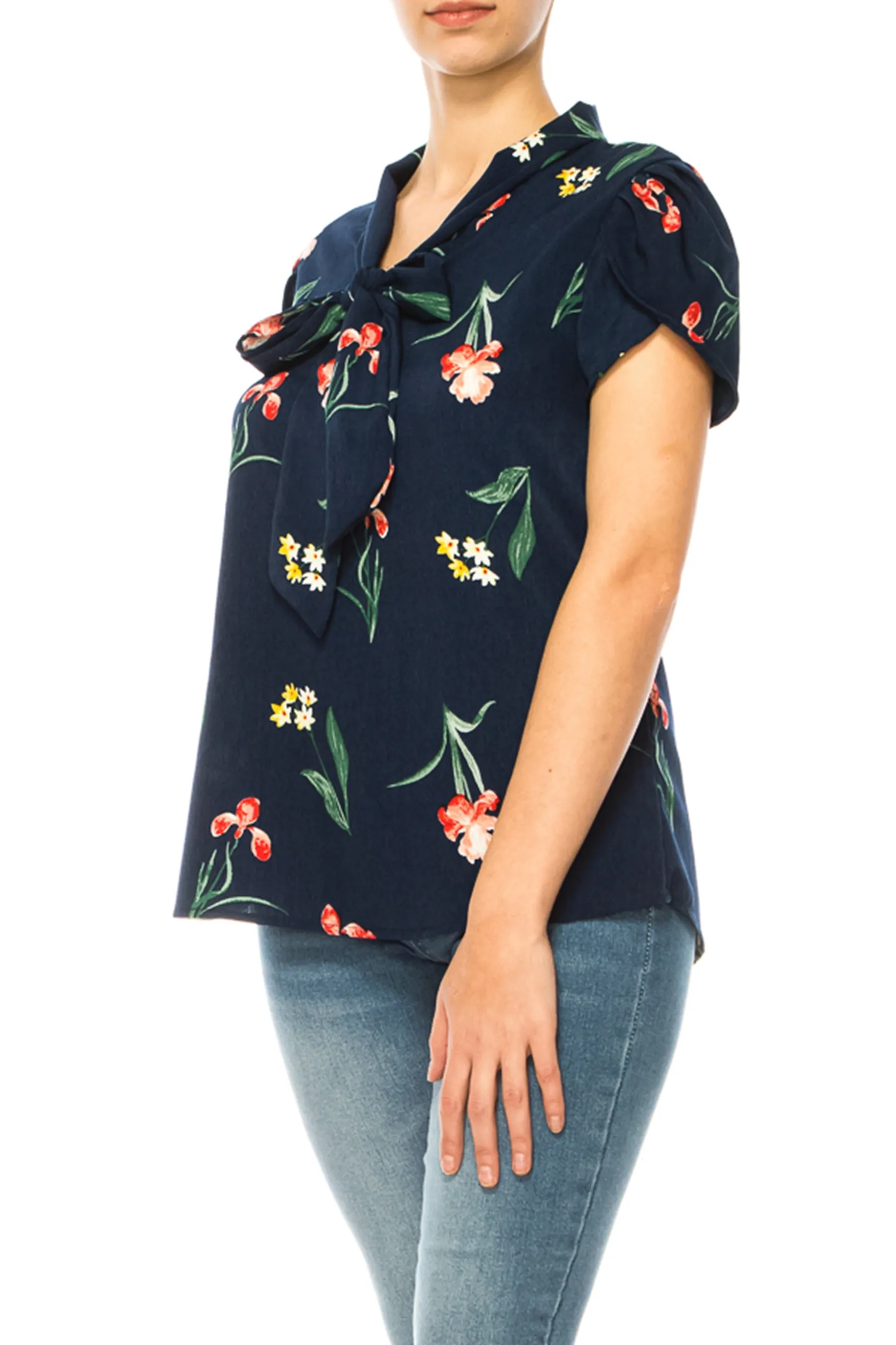 Plus size Floral Print Overlapping Short Sleeve Top with Front Tie Collar B2040 $12Each