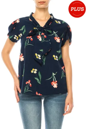 Plus size Floral Print Overlapping Short Sleeve Top with Front Tie Collar B2040 $12Each