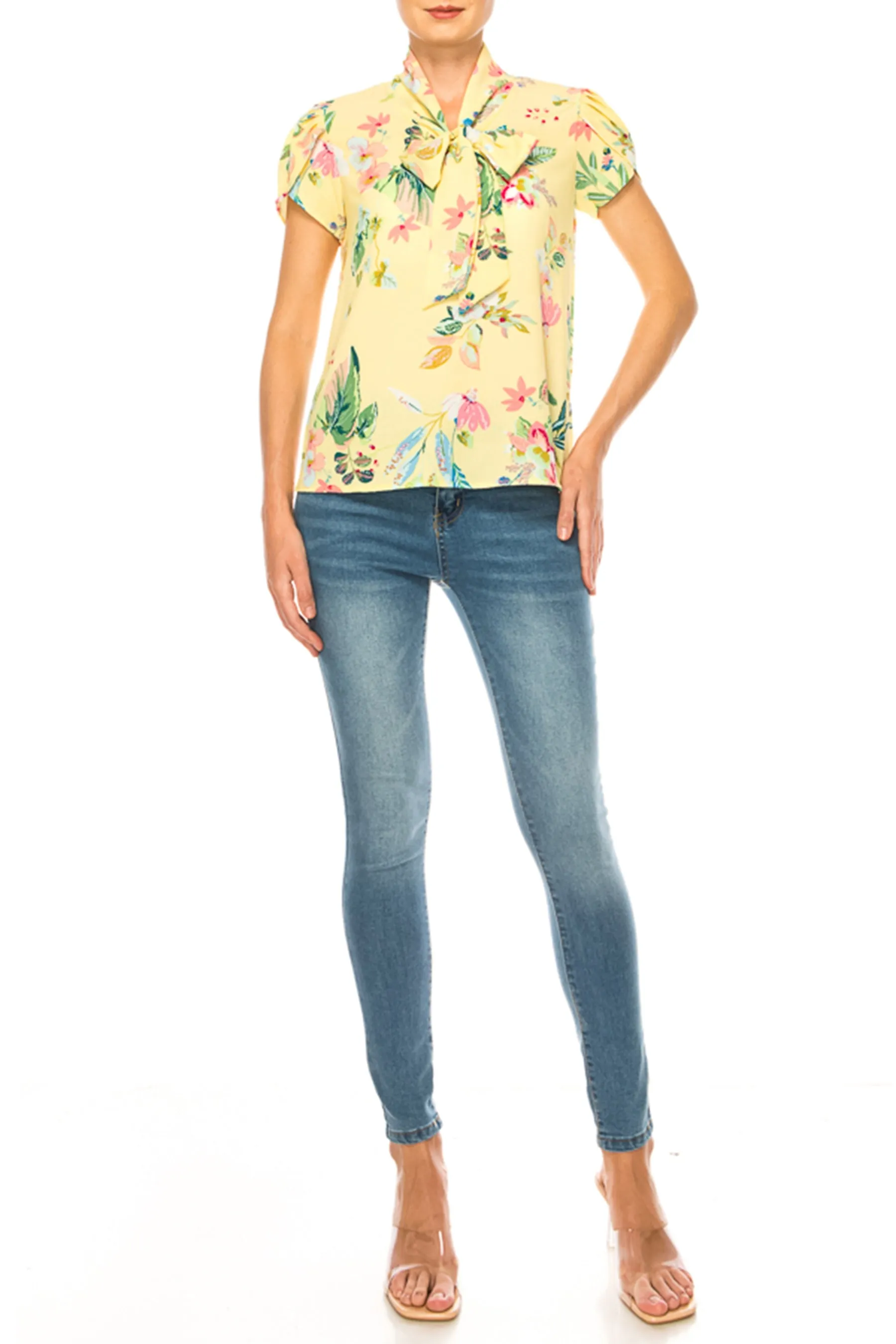 Plus size Floral Print Overlapping Short Sleeve Top with Front Tie Collar B2040 $12Each