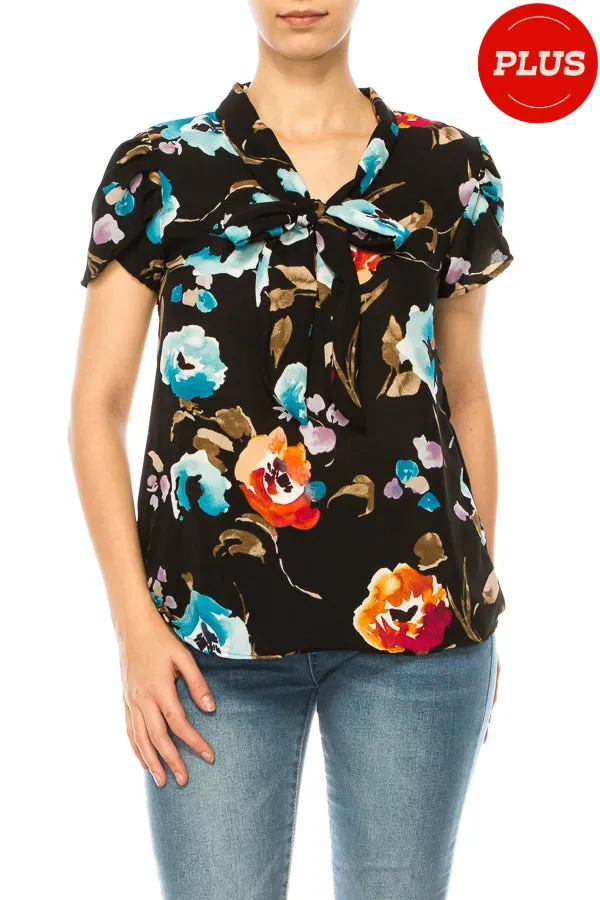 Plus size Floral Print Overlapping Short Sleeve Top with Front Tie Collar B2040 $12Each