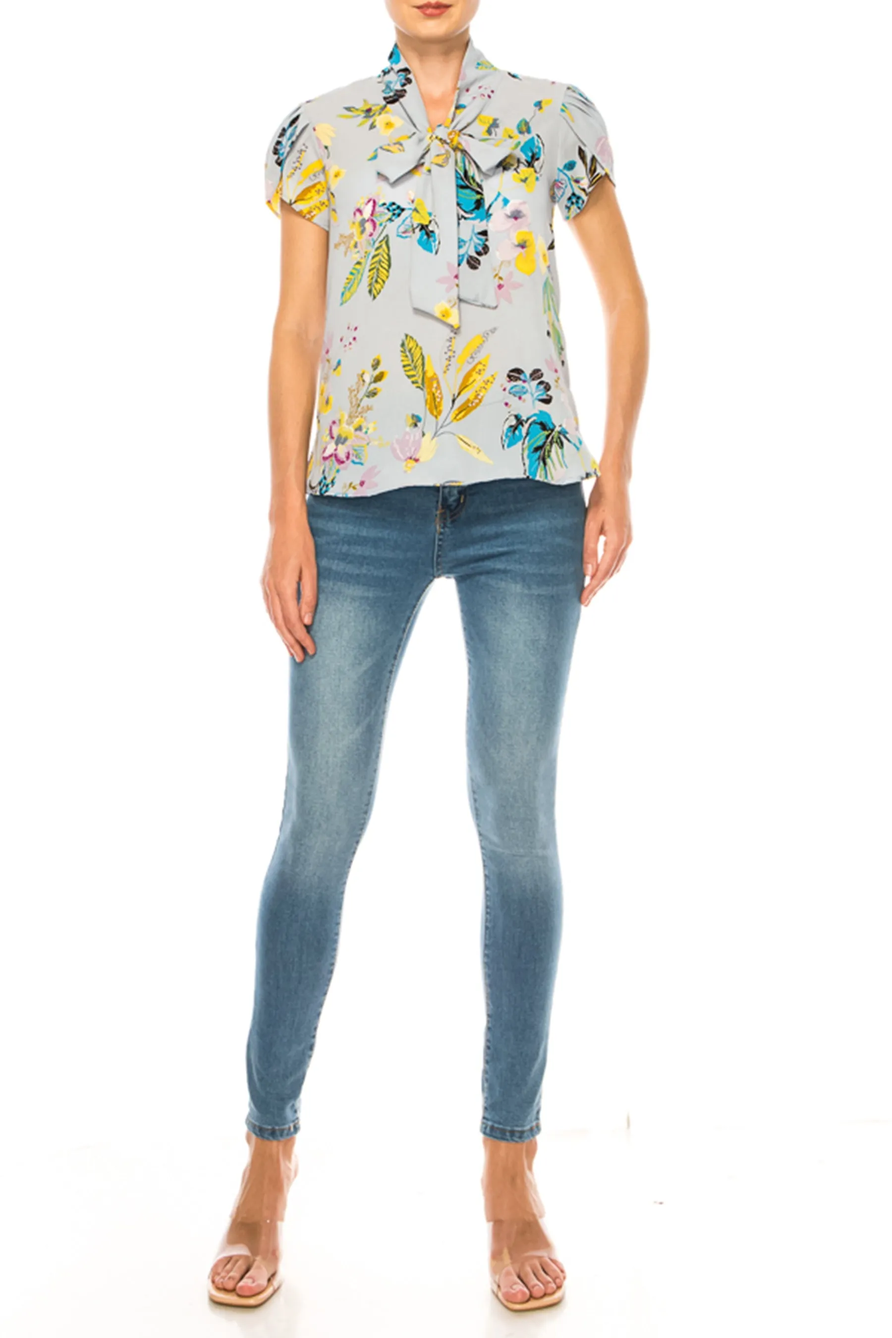 Plus size Floral Print Overlapping Short Sleeve Top with Front Tie Collar B2040 $12Each
