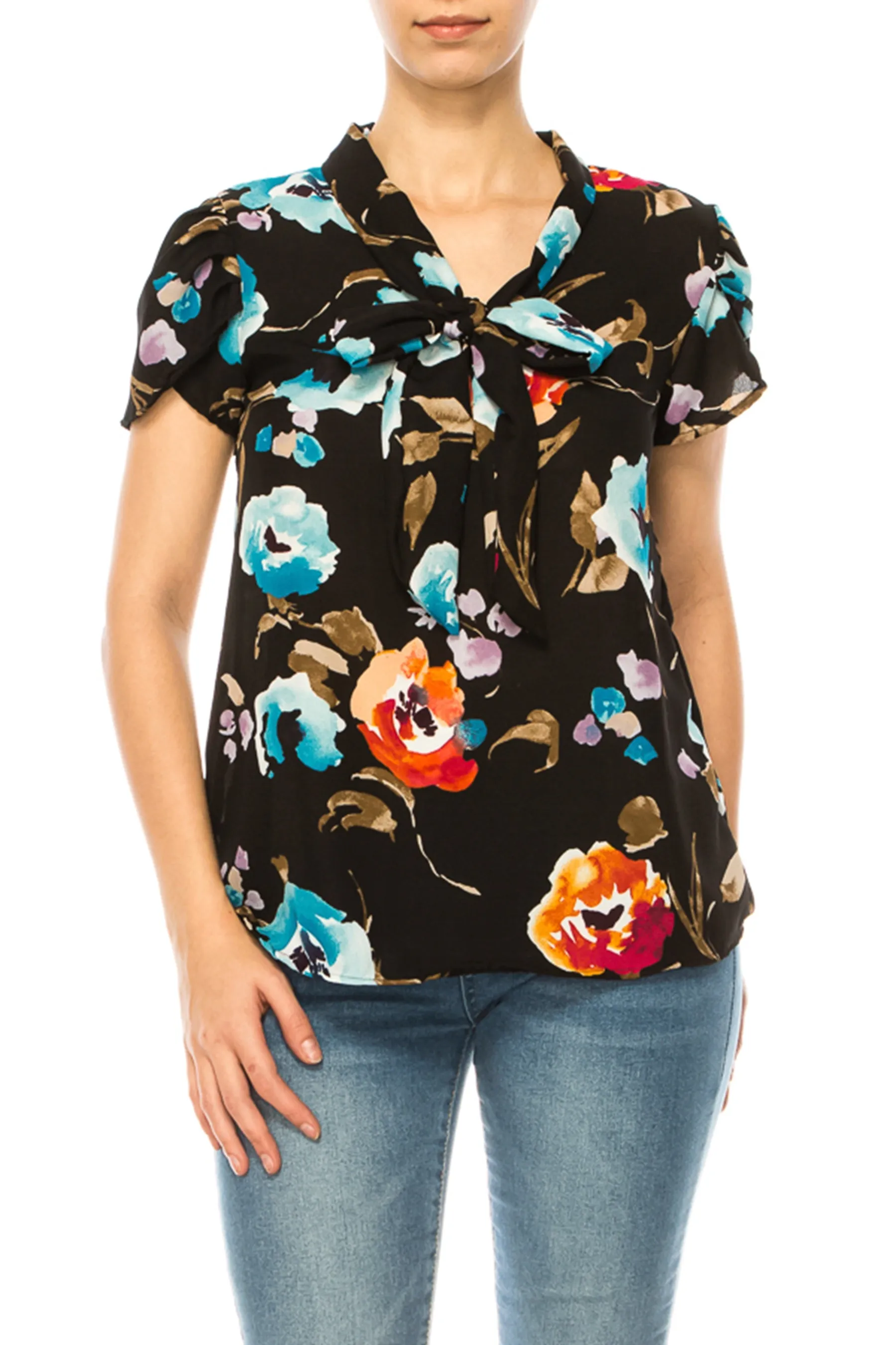 Plus size Floral Print Overlapping Short Sleeve Top with Front Tie Collar B2040 $12Each