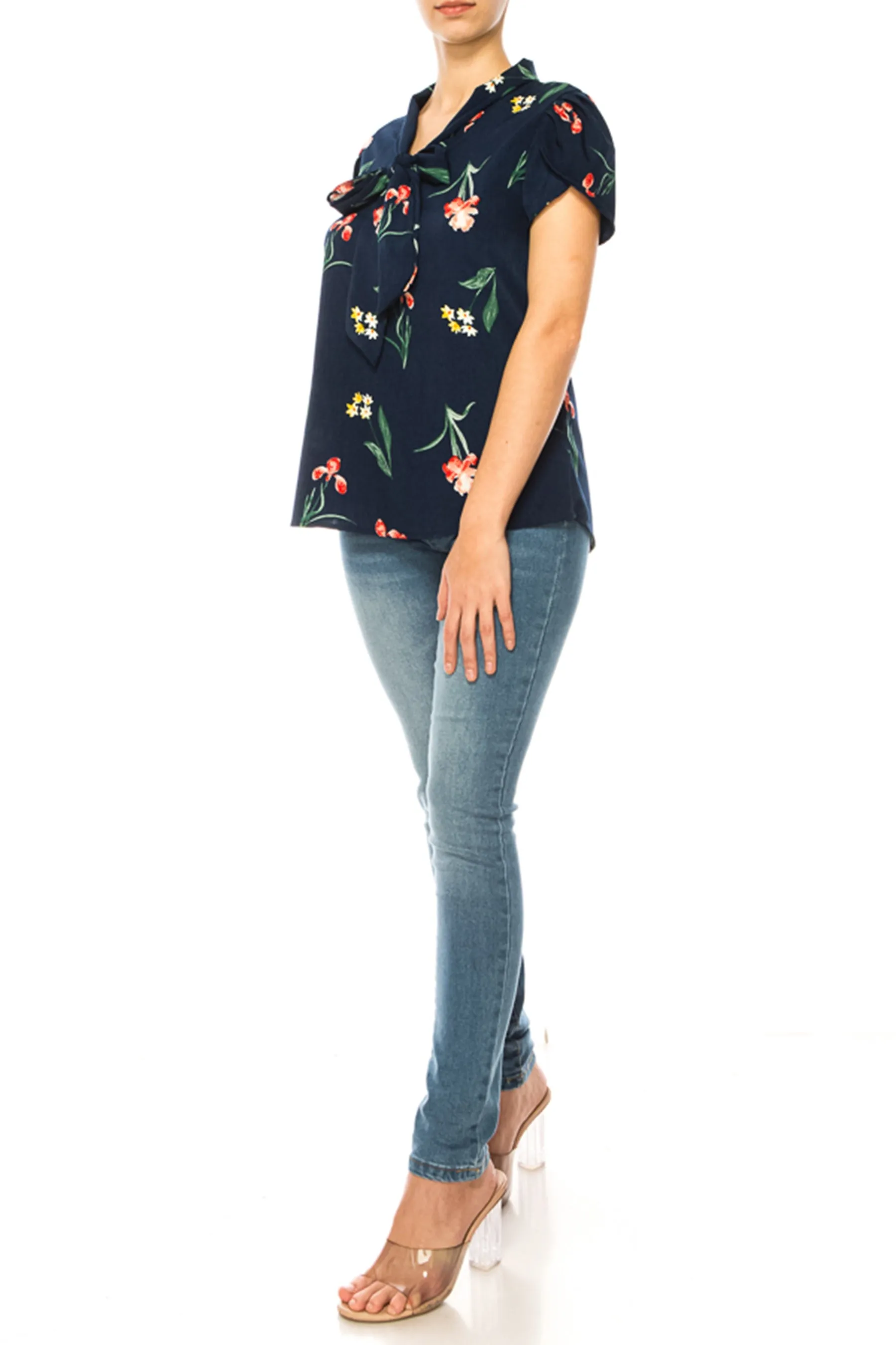 Plus size Floral Print Overlapping Short Sleeve Top with Front Tie Collar B2040 $12Each