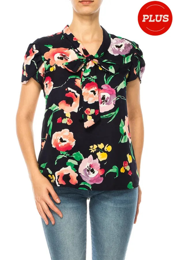 Plus size Floral Print Overlapping Short Sleeve Top with Front Tie Collar B2040 $12Each