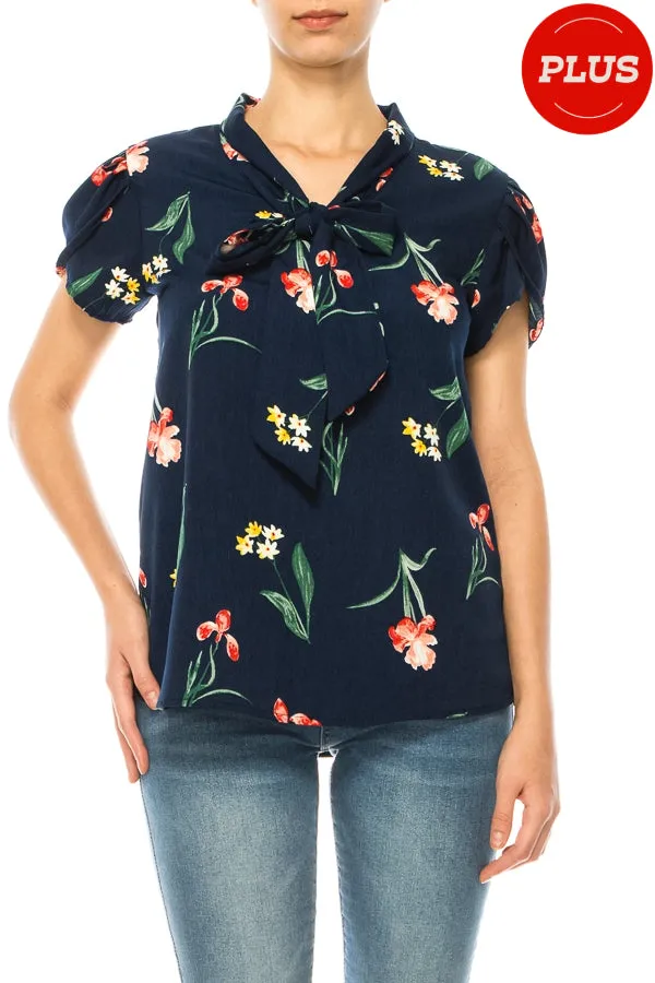 Plus size Floral Print Overlapping Short Sleeve Top with Front Tie Collar B2040 $12Each