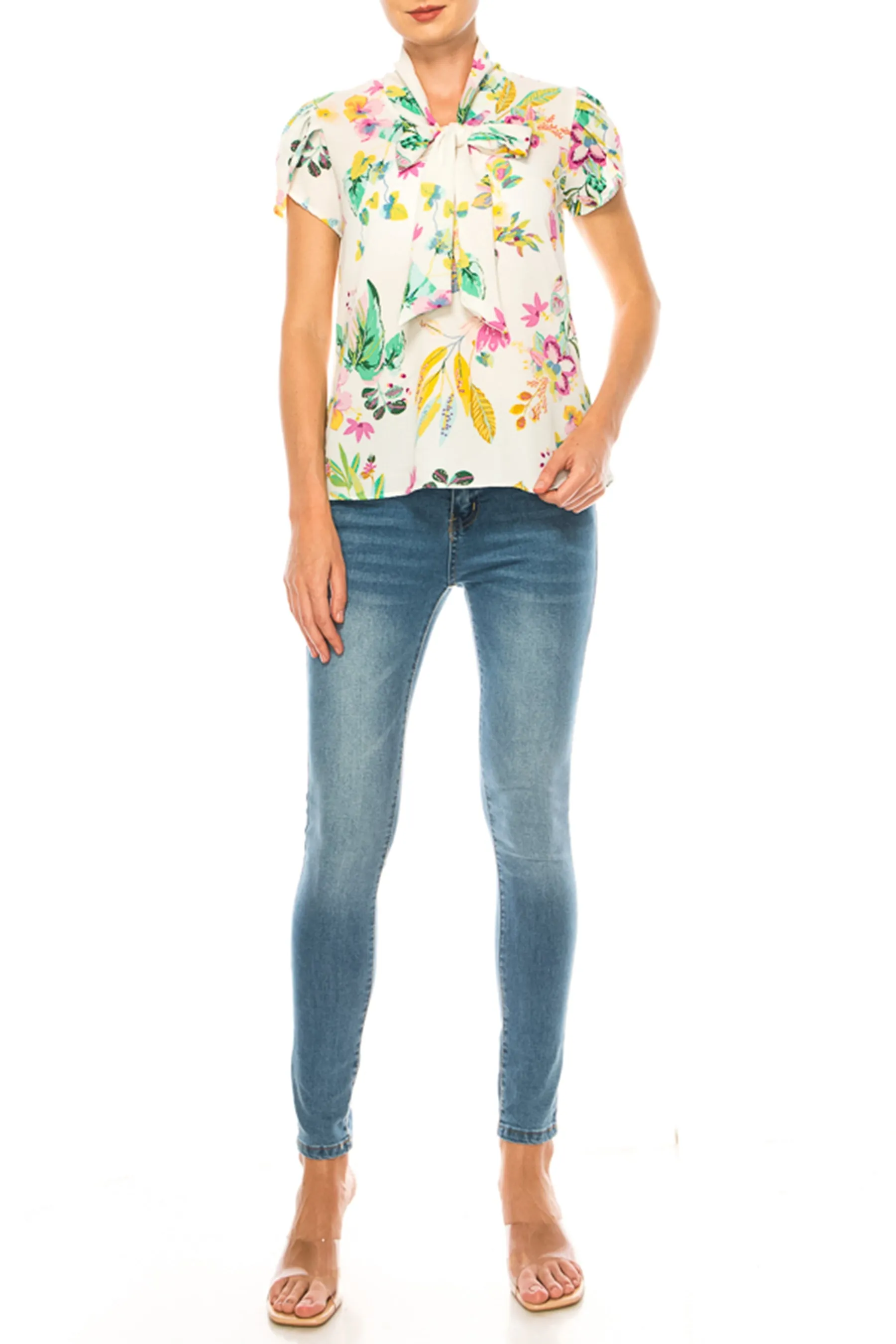 Plus size Floral Print Overlapping Short Sleeve Top with Front Tie Collar B2040 $12Each