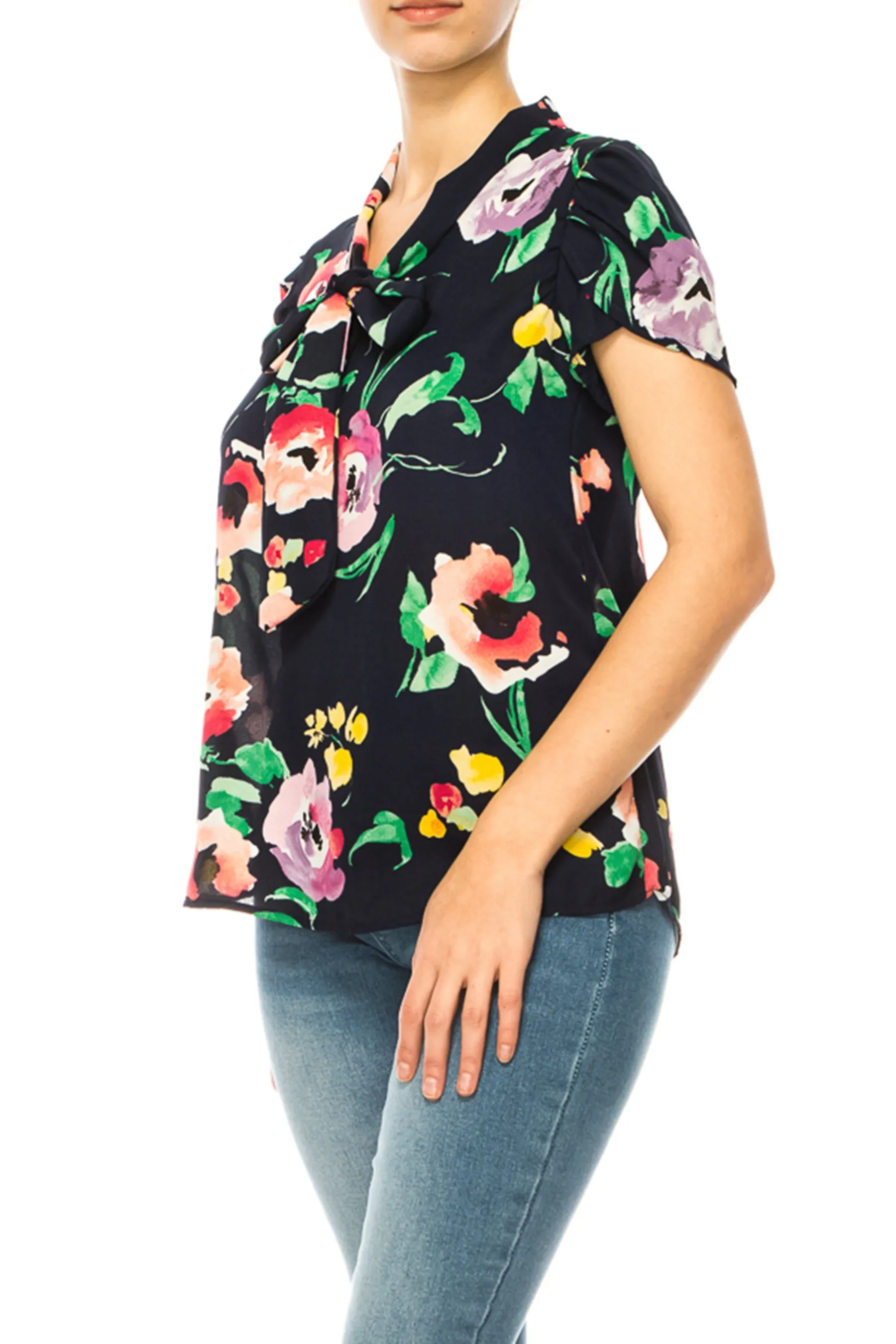 Plus size Floral Print Overlapping Short Sleeve Top with Front Tie Collar B2040 $12Each