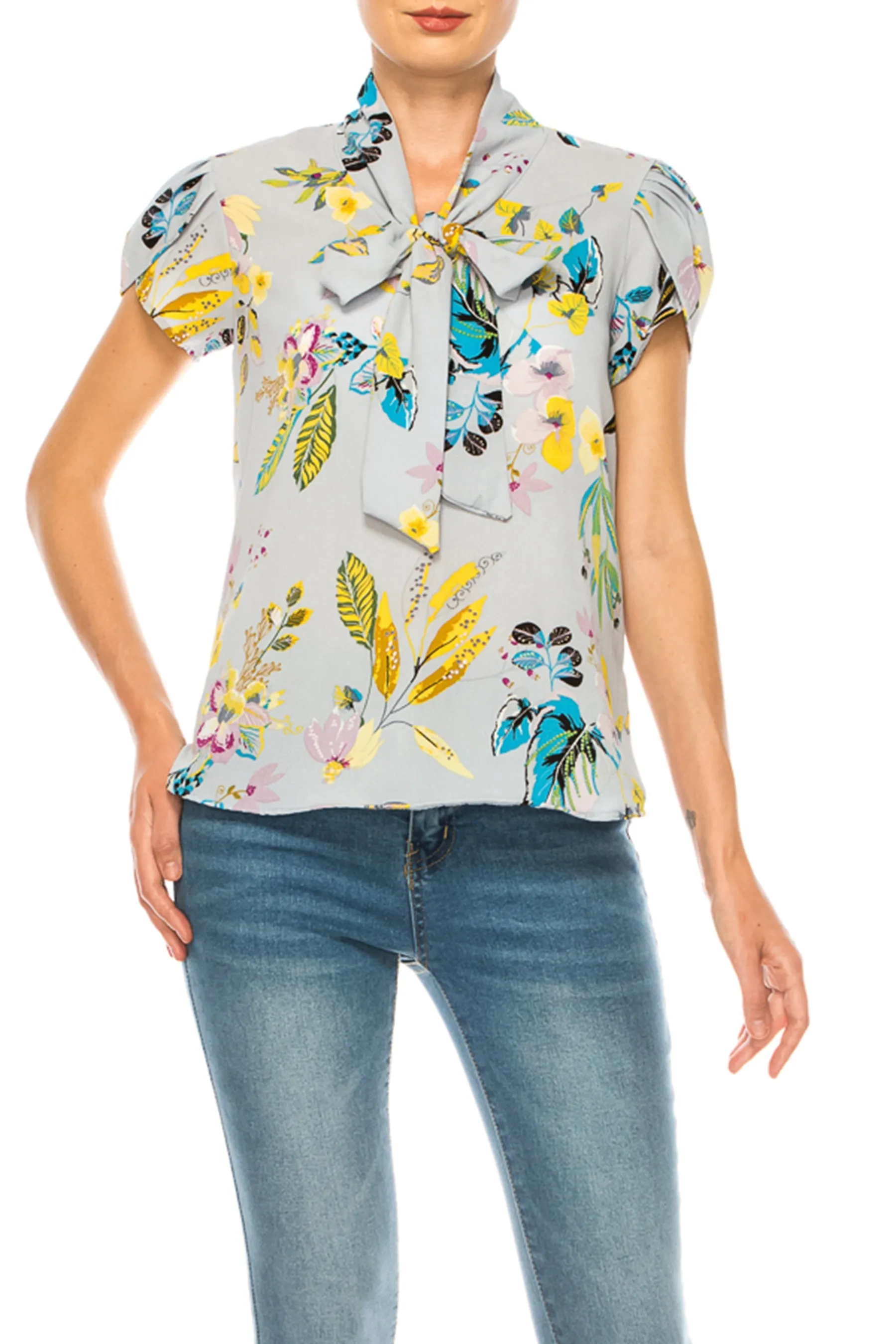 Plus size Floral Print Overlapping Short Sleeve Top with Front Tie Collar B2040 $12Each