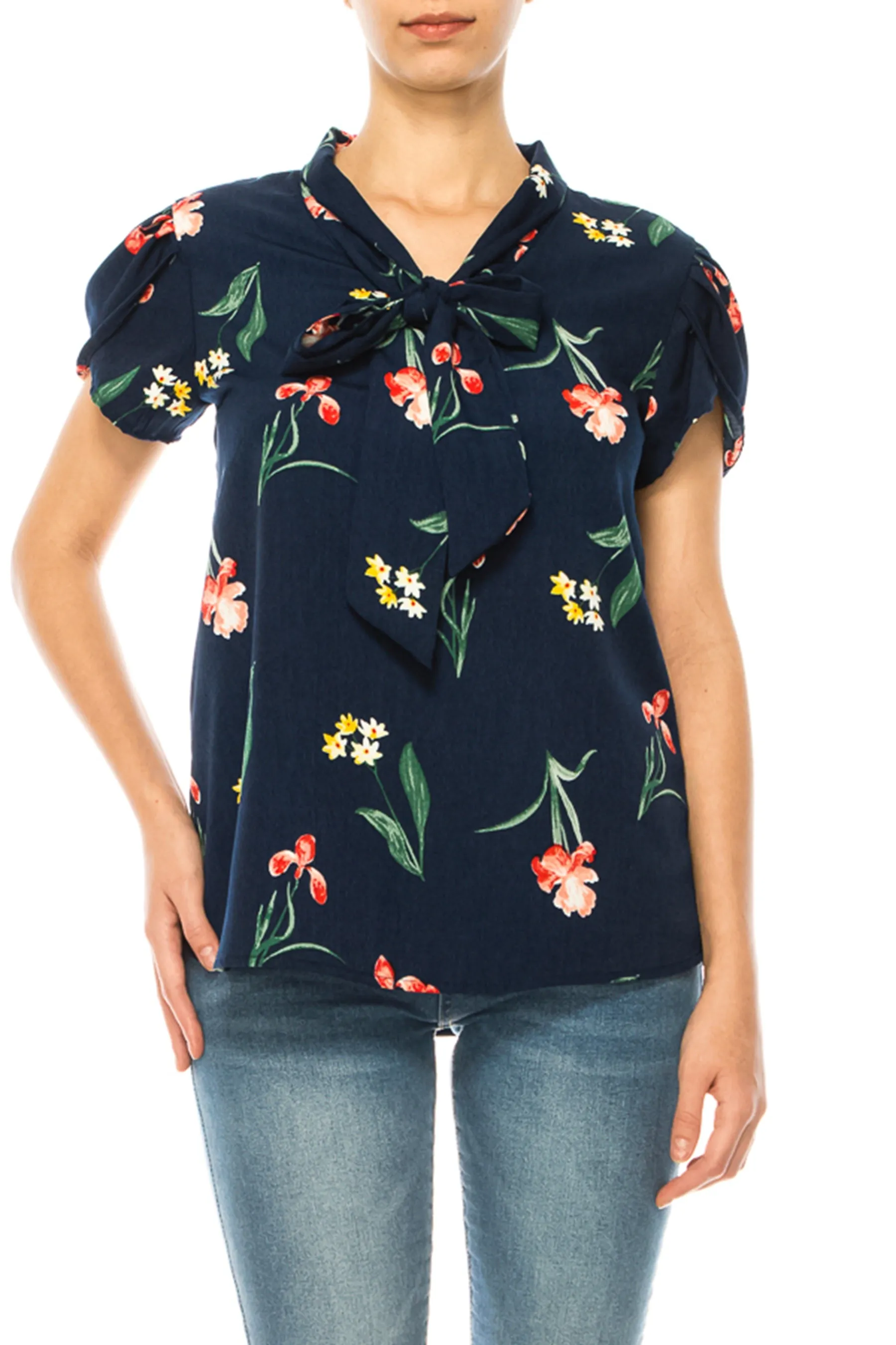 Plus size Floral Print Overlapping Short Sleeve Top with Front Tie Collar B2040 $12Each
