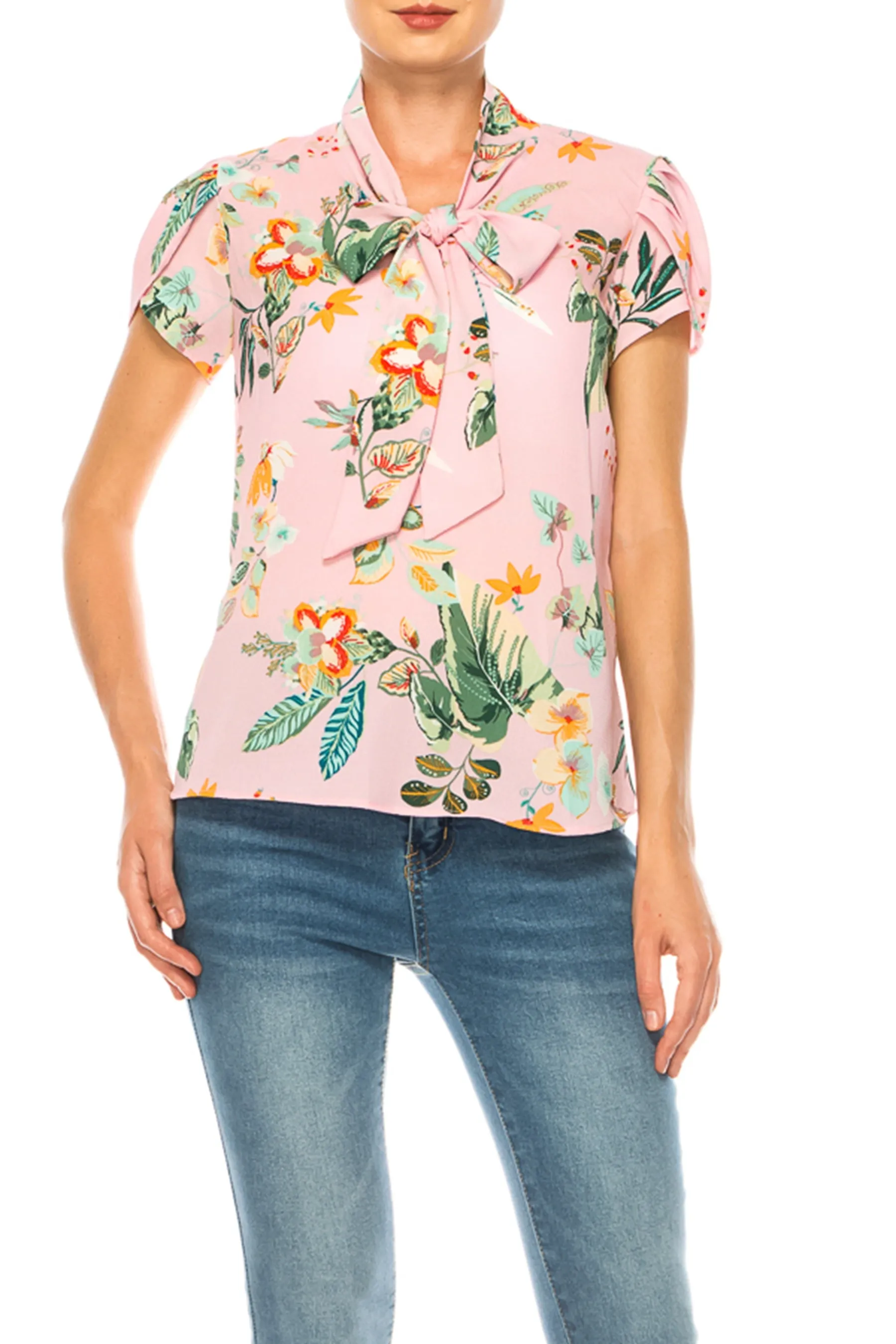 Plus size Floral Print Overlapping Short Sleeve Top with Front Tie Collar B2040 $12Each