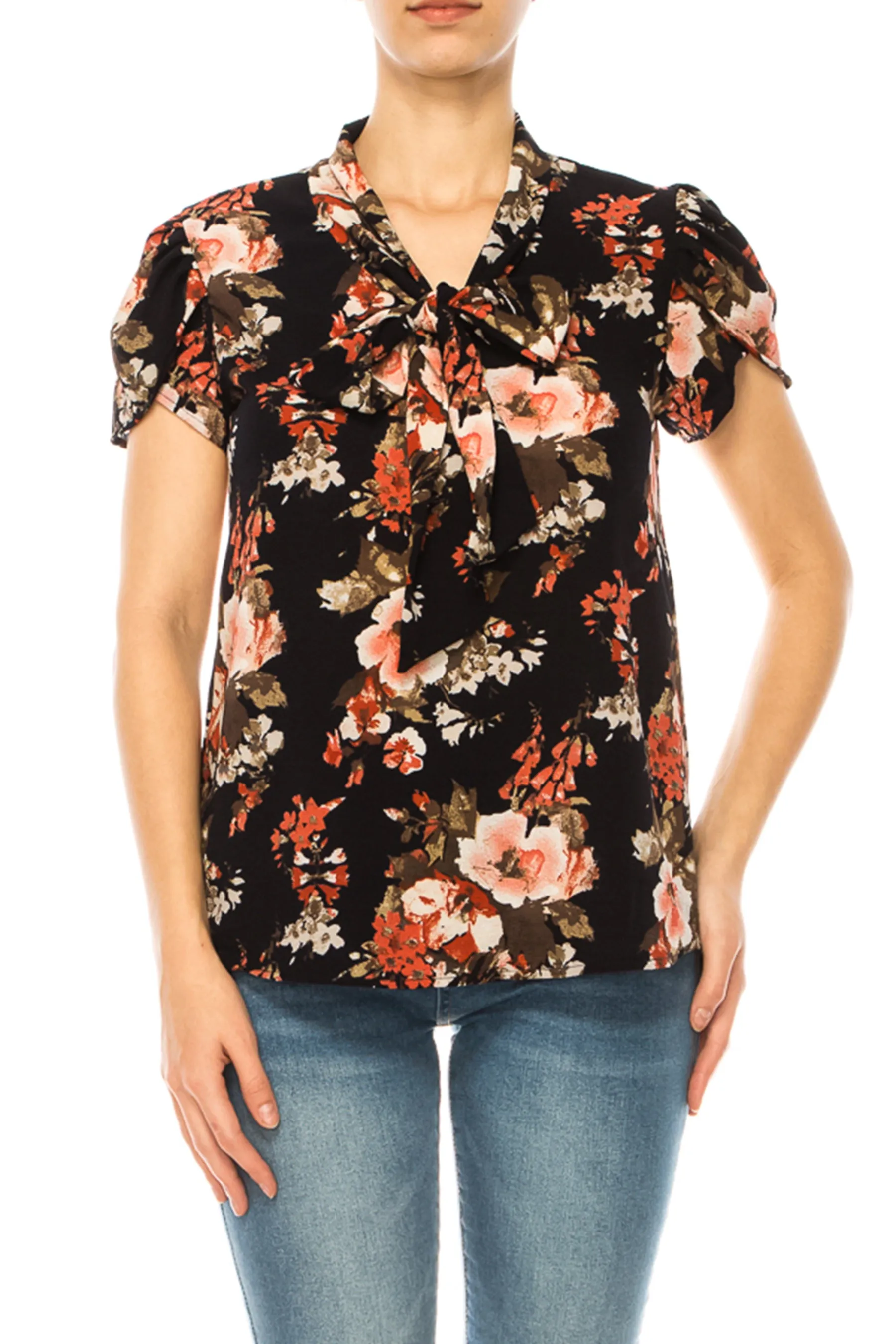 Plus size Floral Print Overlapping Short Sleeve Top with Front Tie Collar B2040 $12Each