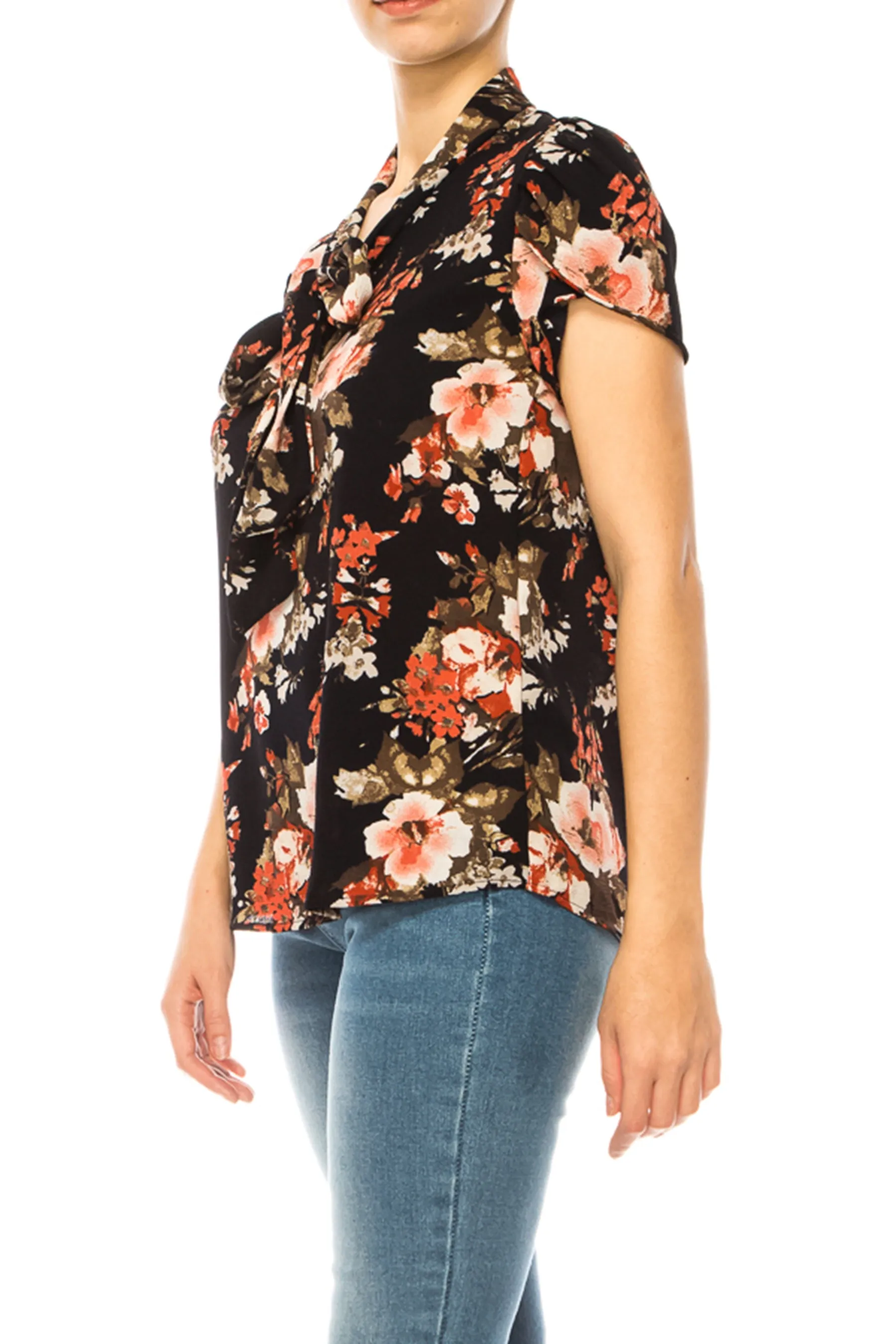 Plus size Floral Print Overlapping Short Sleeve Top with Front Tie Collar B2040 $12Each