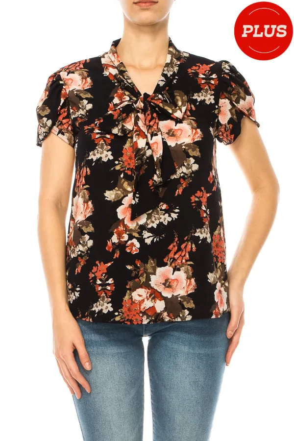 Plus size Floral Print Overlapping Short Sleeve Top with Front Tie Collar B2040 $12Each