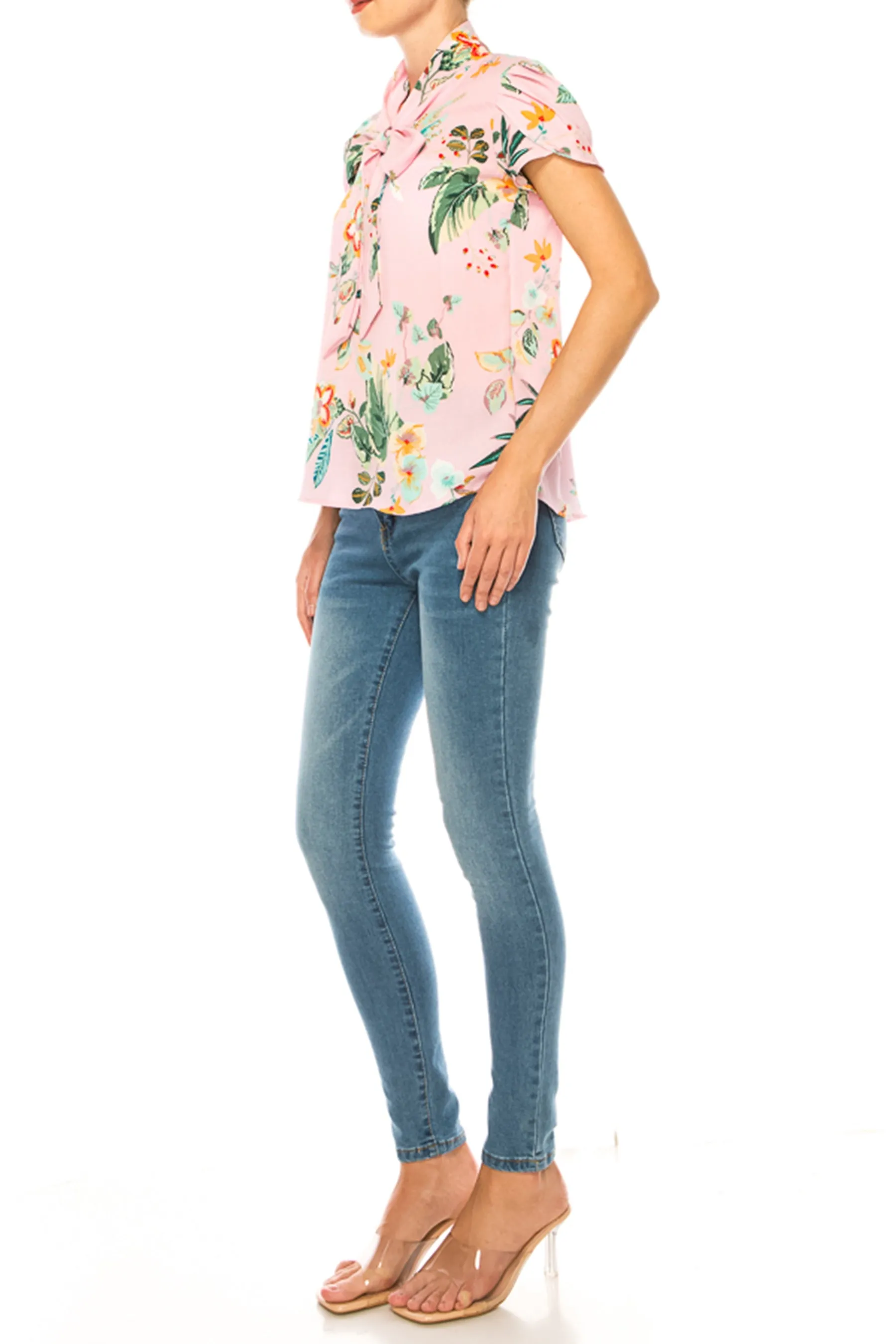 Plus size Floral Print Overlapping Short Sleeve Top with Front Tie Collar B2040 $12Each