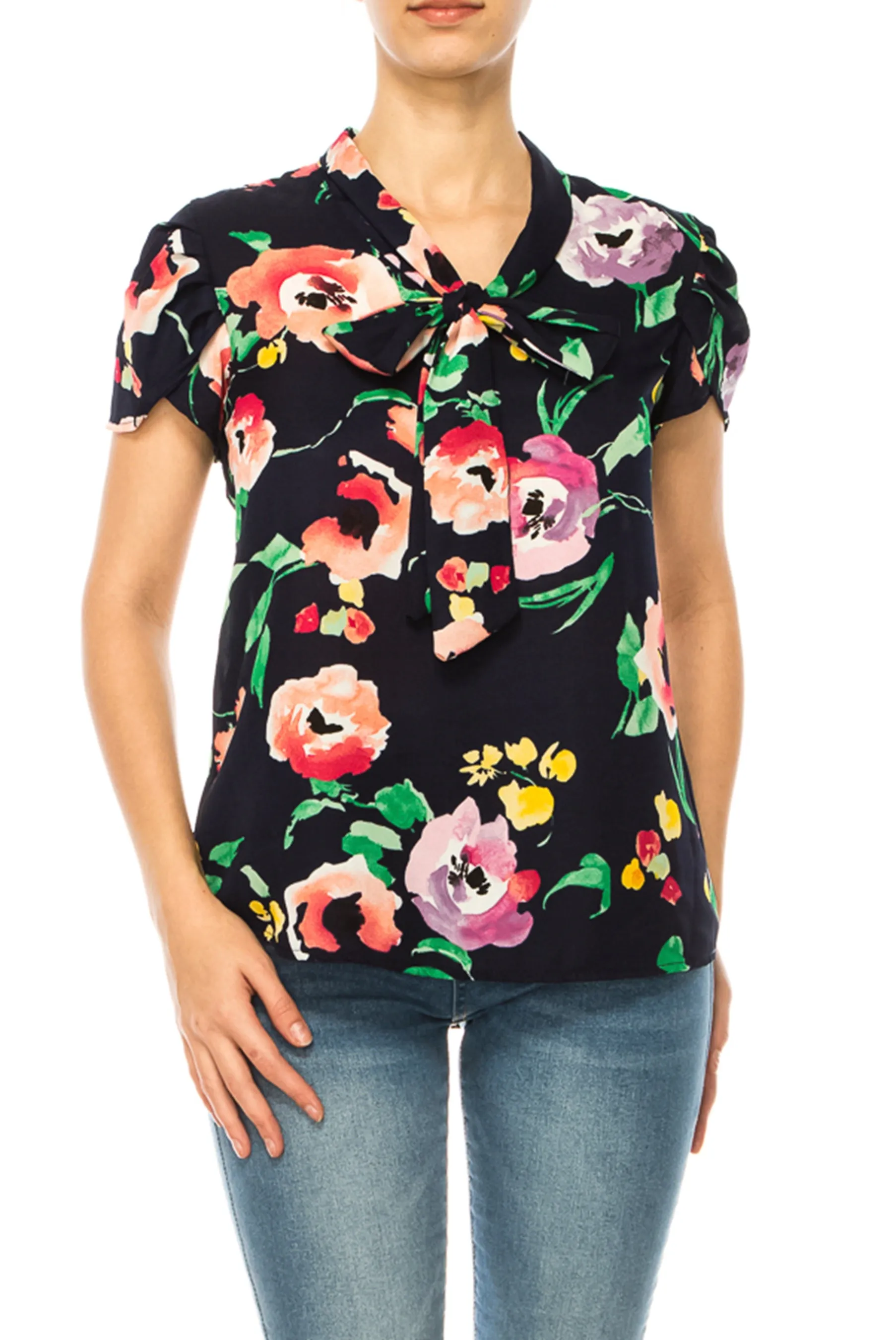 Plus size Floral Print Overlapping Short Sleeve Top with Front Tie Collar B2040 $12Each