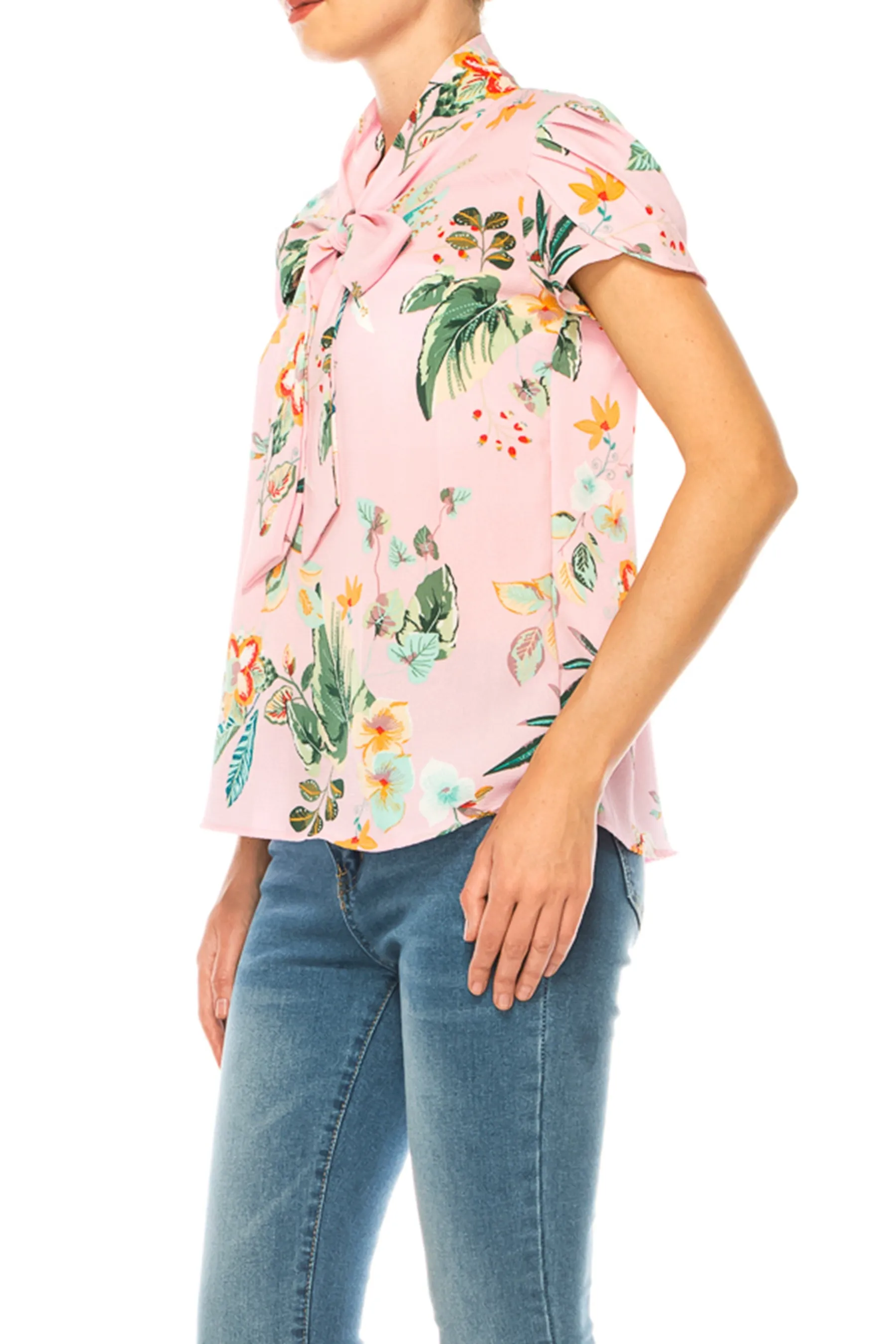 Plus size Floral Print Overlapping Short Sleeve Top with Front Tie Collar B2040 $12Each