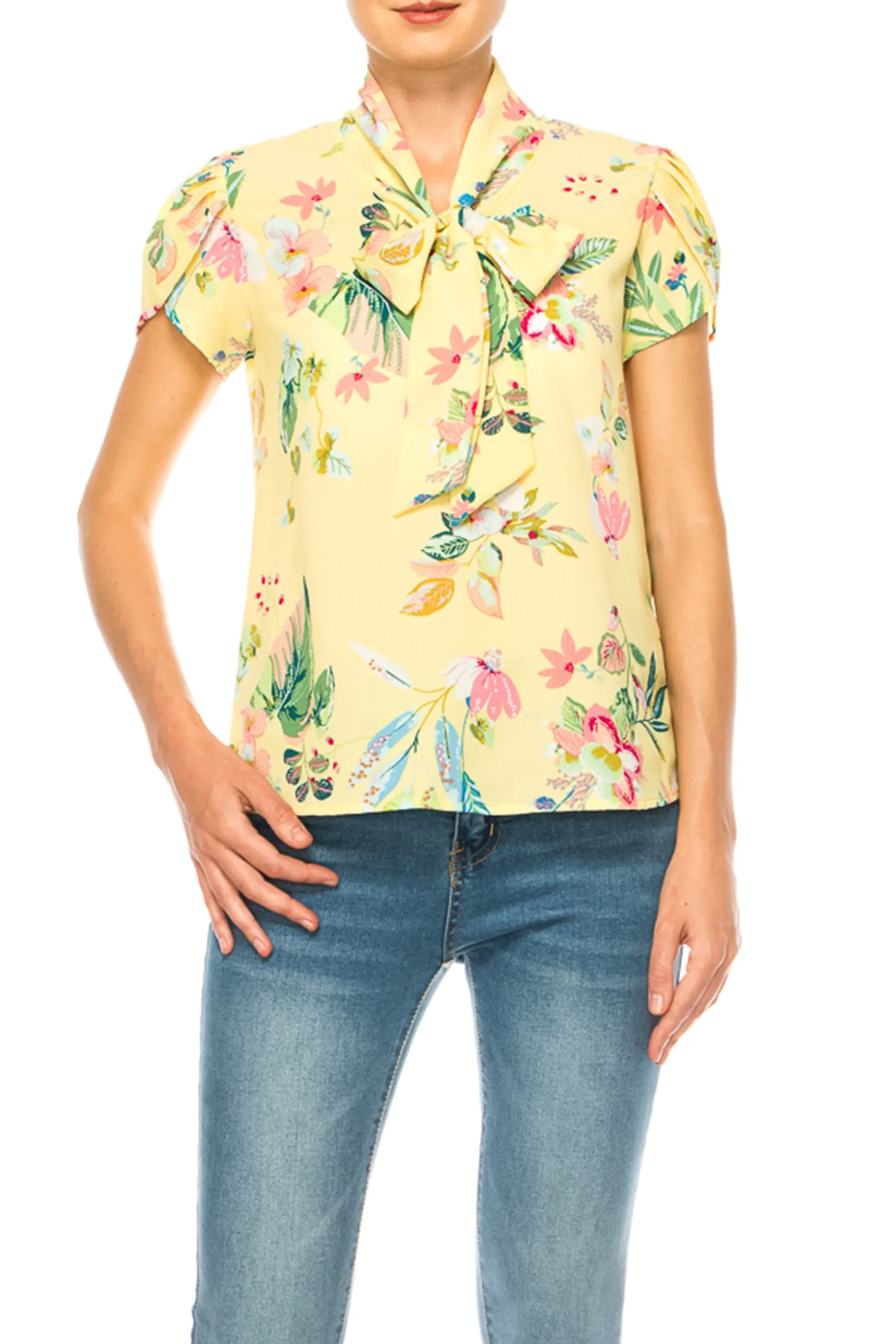 Plus size Floral Print Overlapping Short Sleeve Top with Front Tie Collar B2040 $12Each