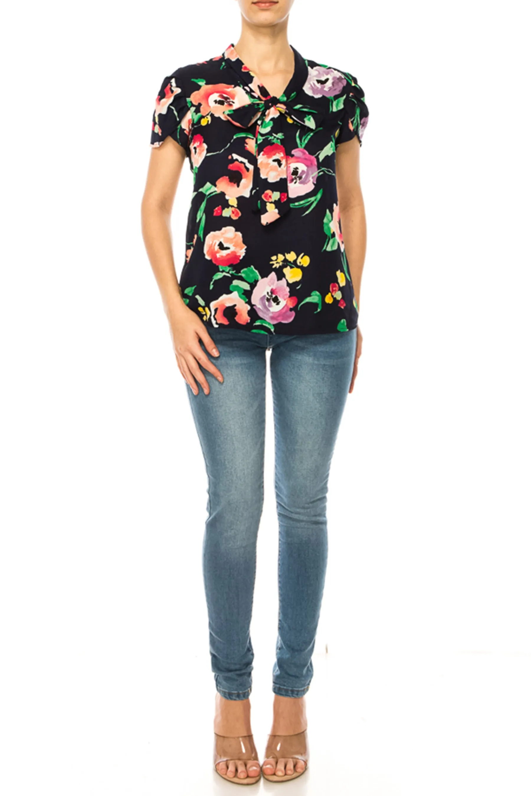 Plus size Floral Print Overlapping Short Sleeve Top with Front Tie Collar B2040 $12Each