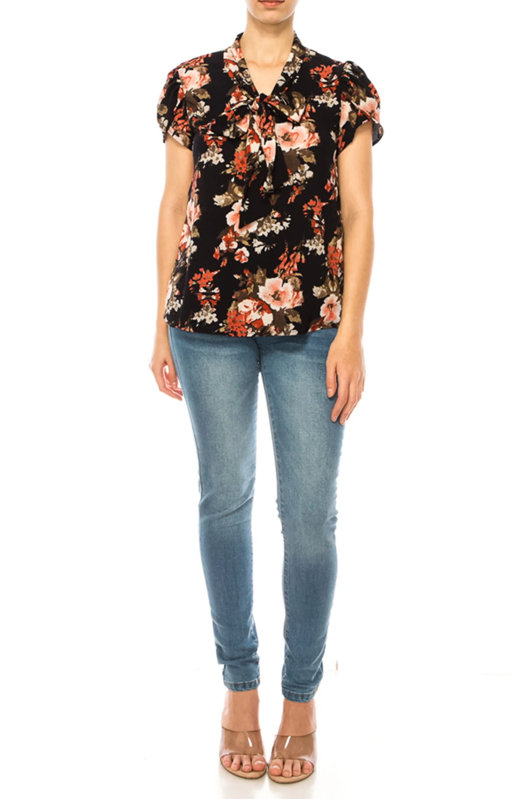 Plus size Floral Print Overlapping Short Sleeve Top with Front Tie Collar B2040 $12Each