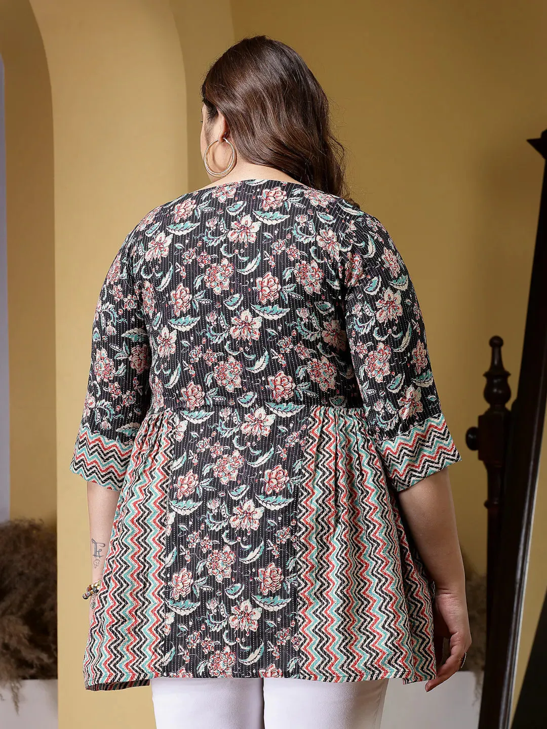Plus Size Women Floral Printed Cotton Peplum Top-TOPBLACKCROWPLUS