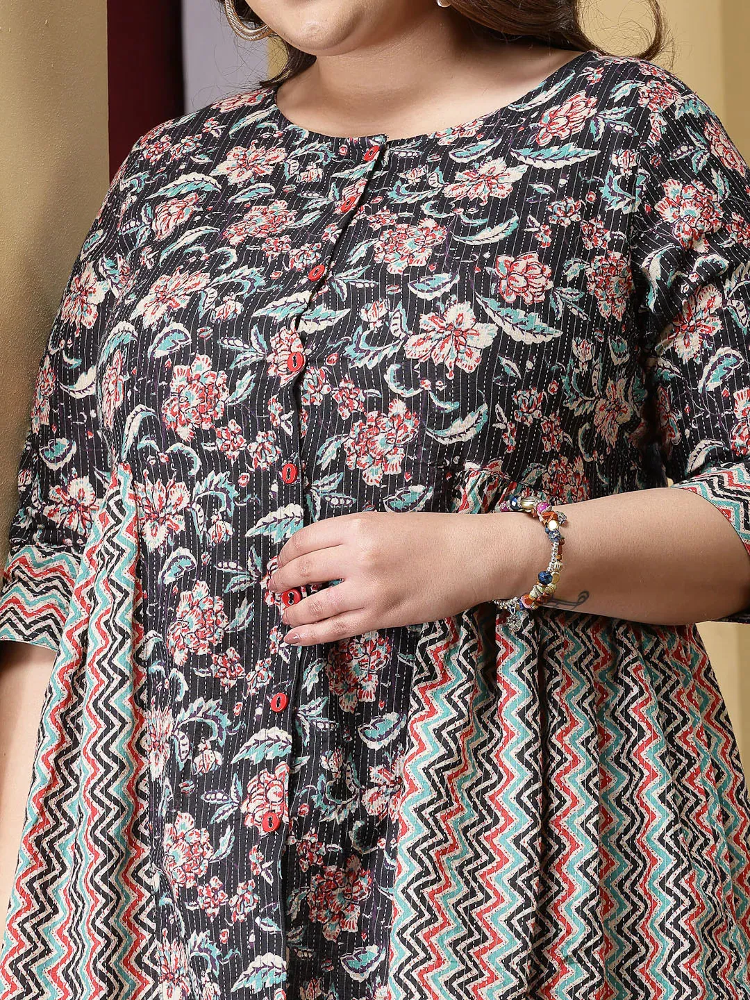 Plus Size Women Floral Printed Cotton Peplum Top-TOPBLACKCROWPLUS