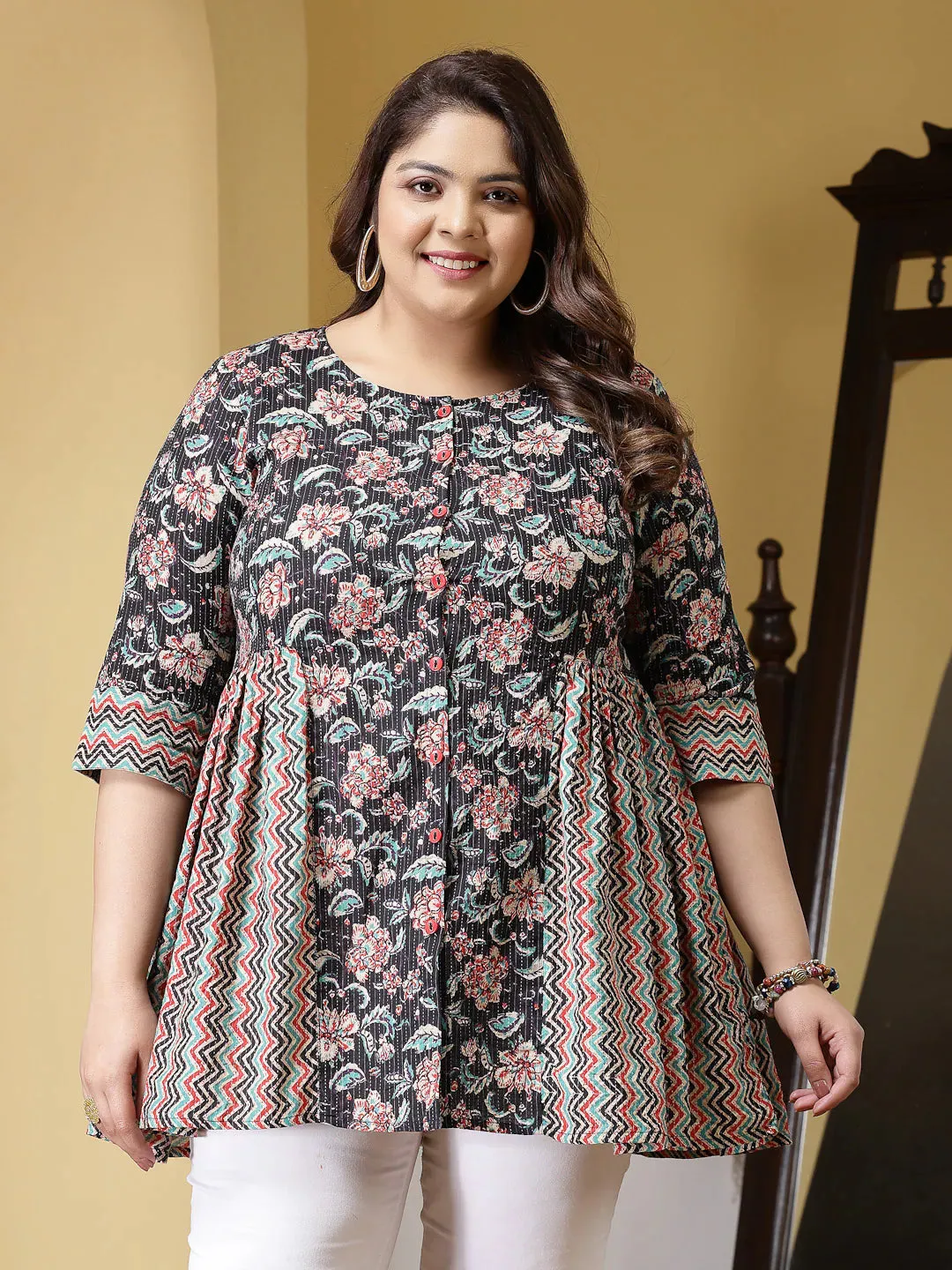 Plus Size Women Floral Printed Cotton Peplum Top-TOPBLACKCROWPLUS
