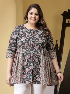 Plus Size Women Floral Printed Cotton Peplum Top-TOPBLACKCROWPLUS