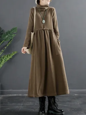 Plus Size Women Pure Color Turtleneck Draped Long Dress