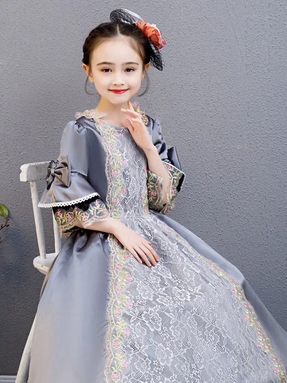 Polyester Fiber Tea Party Draped 3/4 Length Sleeves Polyester Summer Dress Floral Print Grey Kids' Lolita Dresses